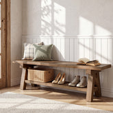 63" Solid Wood Entryway Bench with Storage Shelf, Farmhouse Wooden Shoe Bench 3