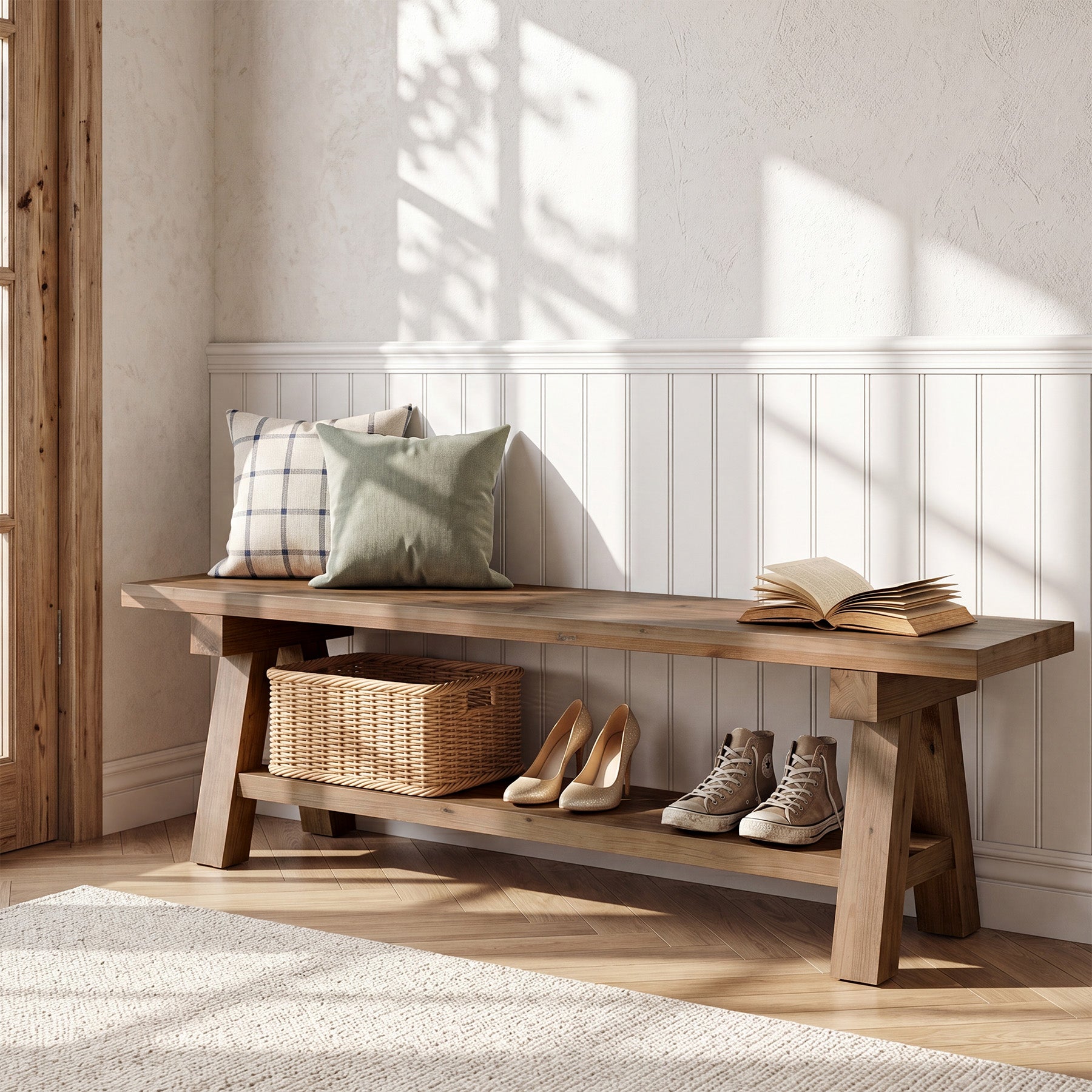 63" Solid Wood Entryway Bench with Storage Shelf, Farmhouse Wooden Shoe Bench