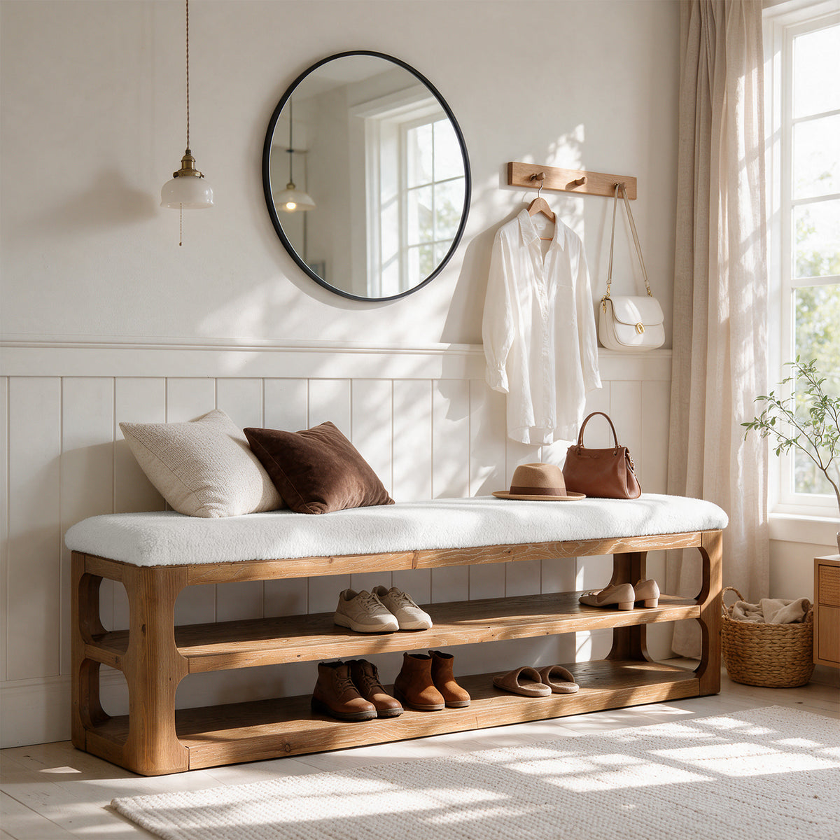 63" Solid Wood Bench with Cushion, Upholstered Entryway Shoe Bench with 3-Tier Storage