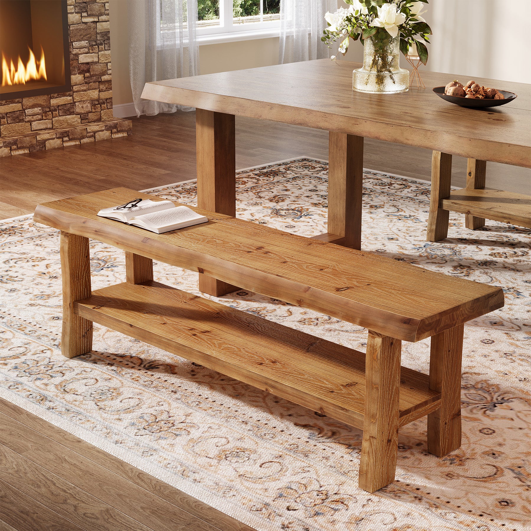 Solid Wood Dining Bench, 55" Farmhouse Kitchen Bench with Storage