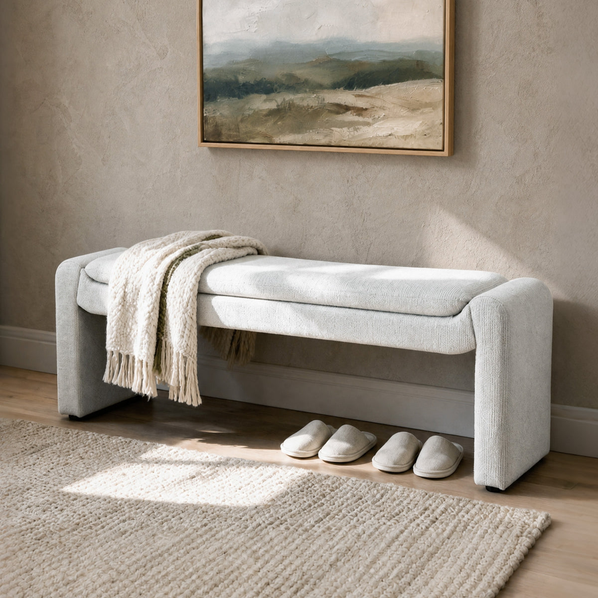 55" Entryway Bench with Chenille Fabric Cushion, Upholstered  End of Bed Bench for 2-3
