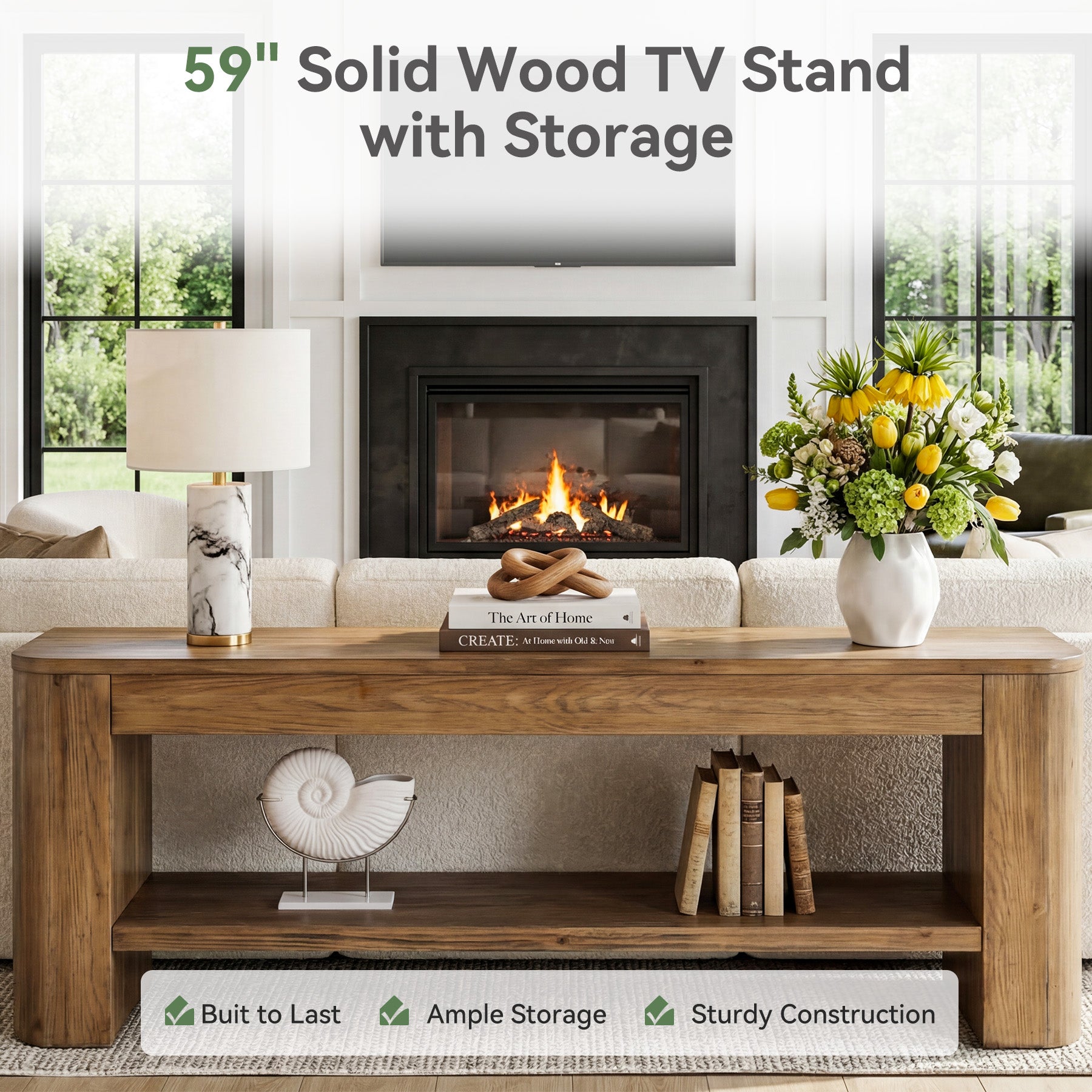 59“ Solid Wood TV Stand for 55–65 Inch TVs, Farmhouse Media Console with Open Shelves for Living Room or Bedroom