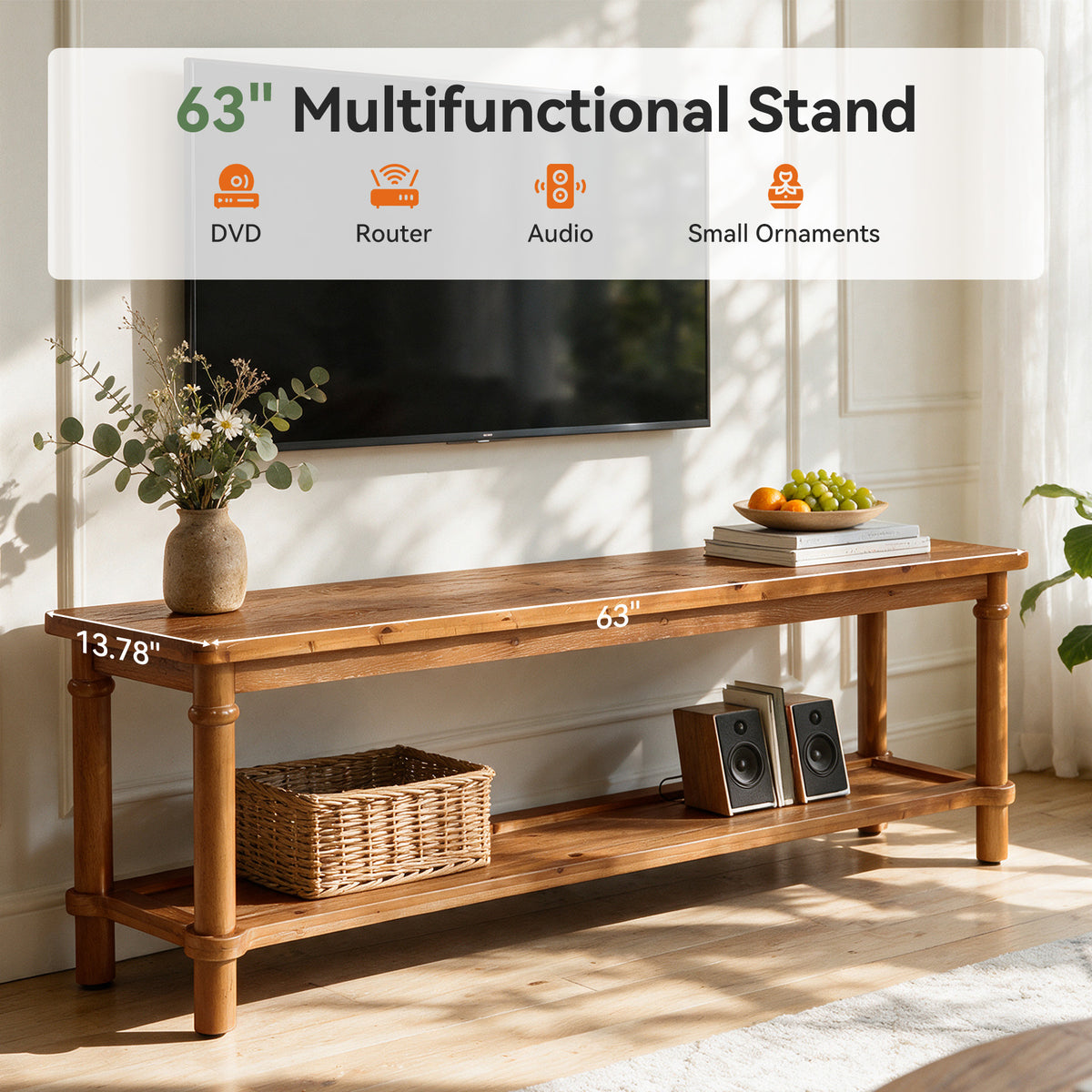 63" Solid Wood TV Stand for up to 75" TVs, 2-Tier TV Console Table with Open Shelf