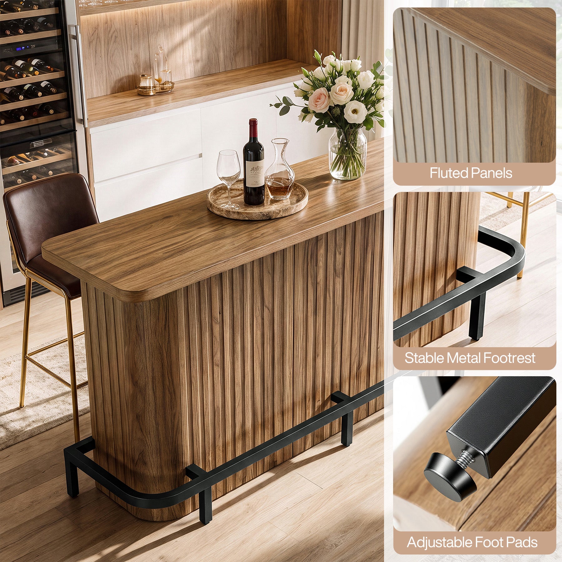 63" Bar Table with Storage Shelves, Modern Mini Home Bar Unit with Metal Footrest