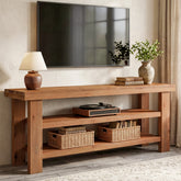 63" Solid Wood TV Stand for 55–75 Inch TVs, Farmhouse Entertainment Center with 2-Tier Open Shelves 3