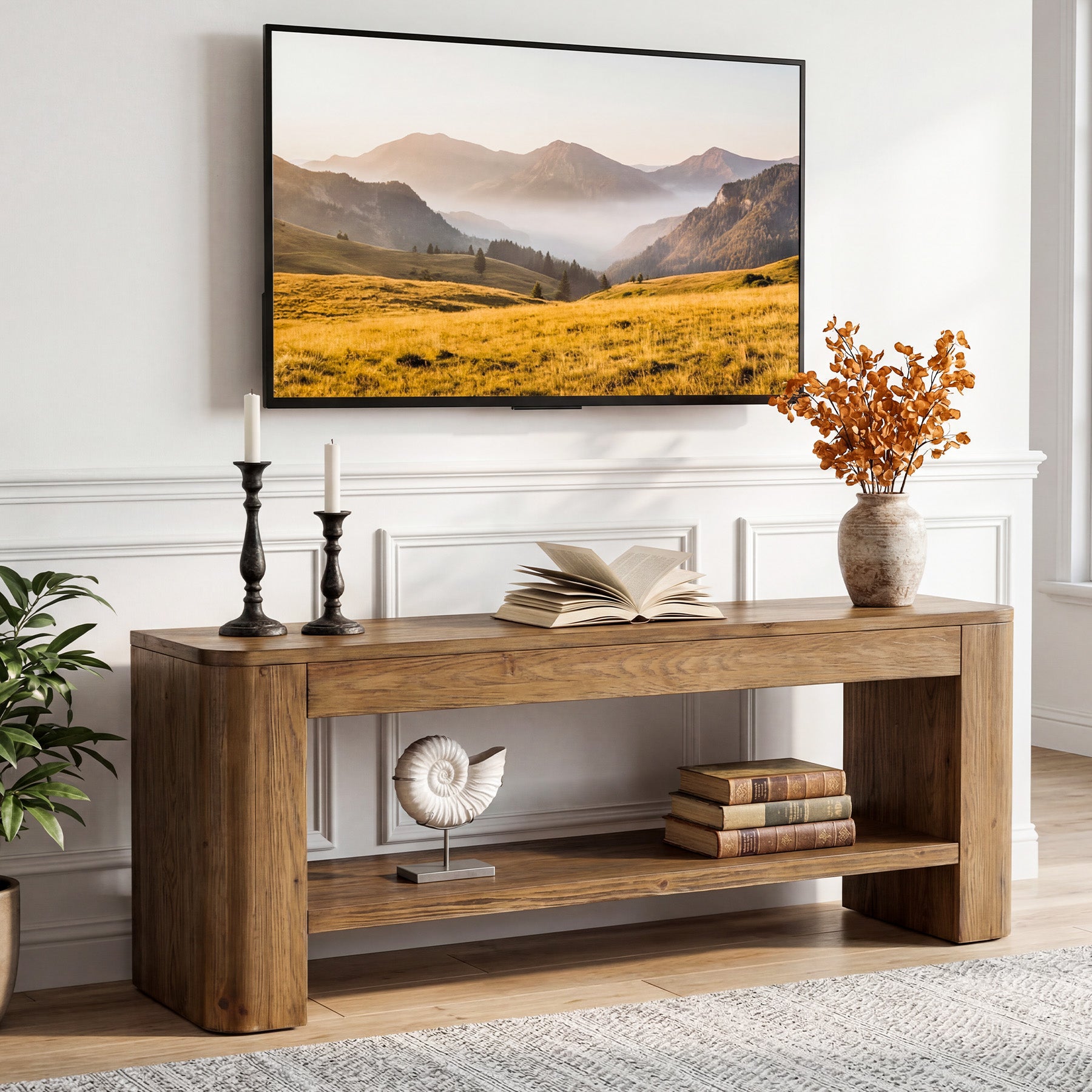 59“ Solid Wood TV Stand for 55–65 Inch TVs, Farmhouse Media Console with Open Shelves for Living Room or Bedroom