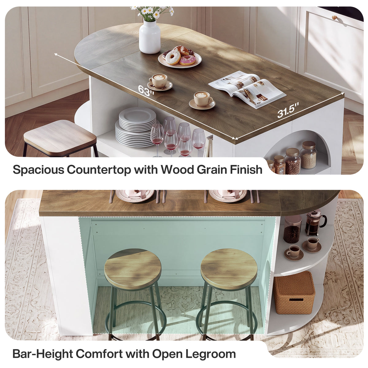 63" Oval Kitchen Island with Storage, Two-Tone Arch Design Bar Table, Prep Table
