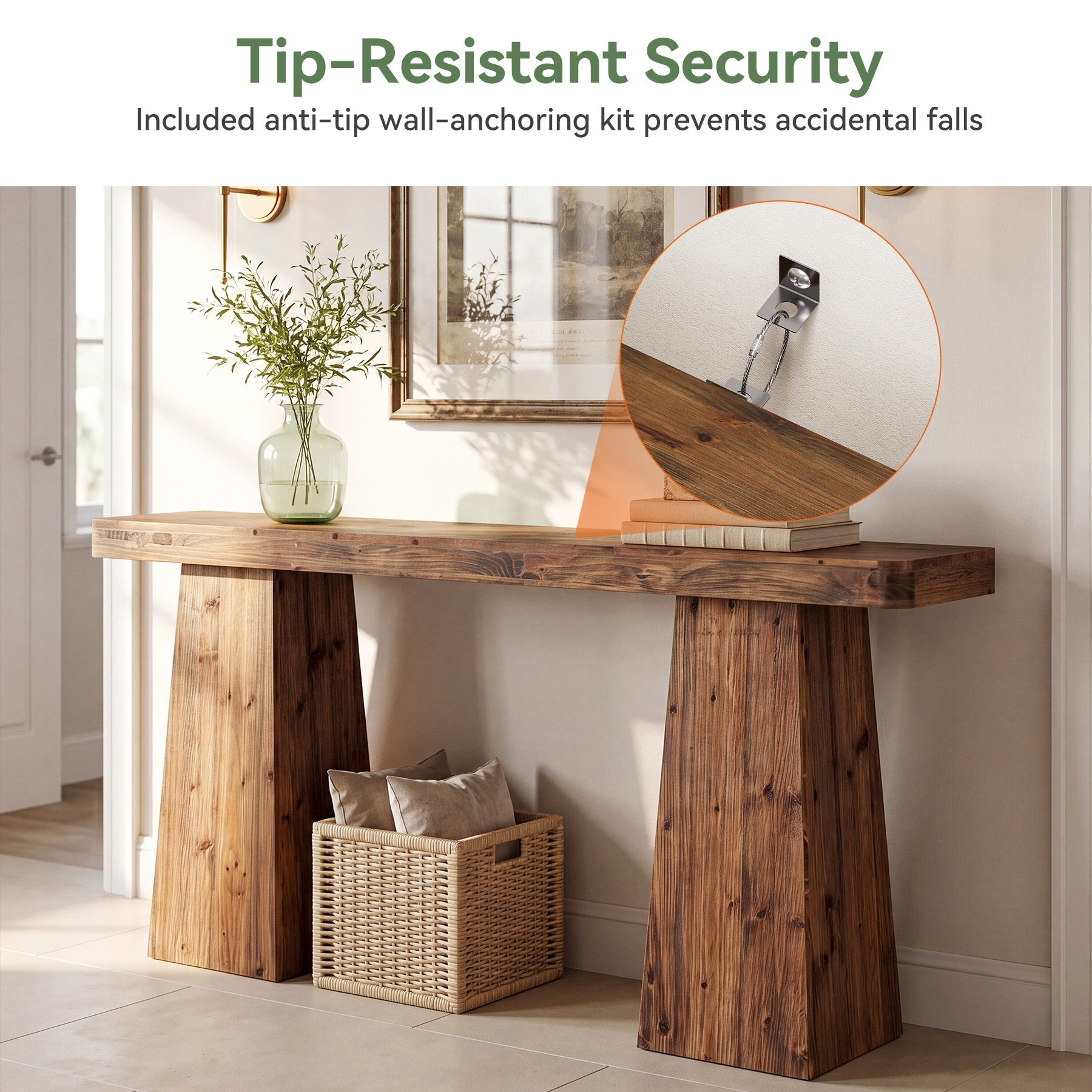 63" Farmhouse Console Table, Solid Wood Sofa Table Behind Couch with Extra-wide Legs