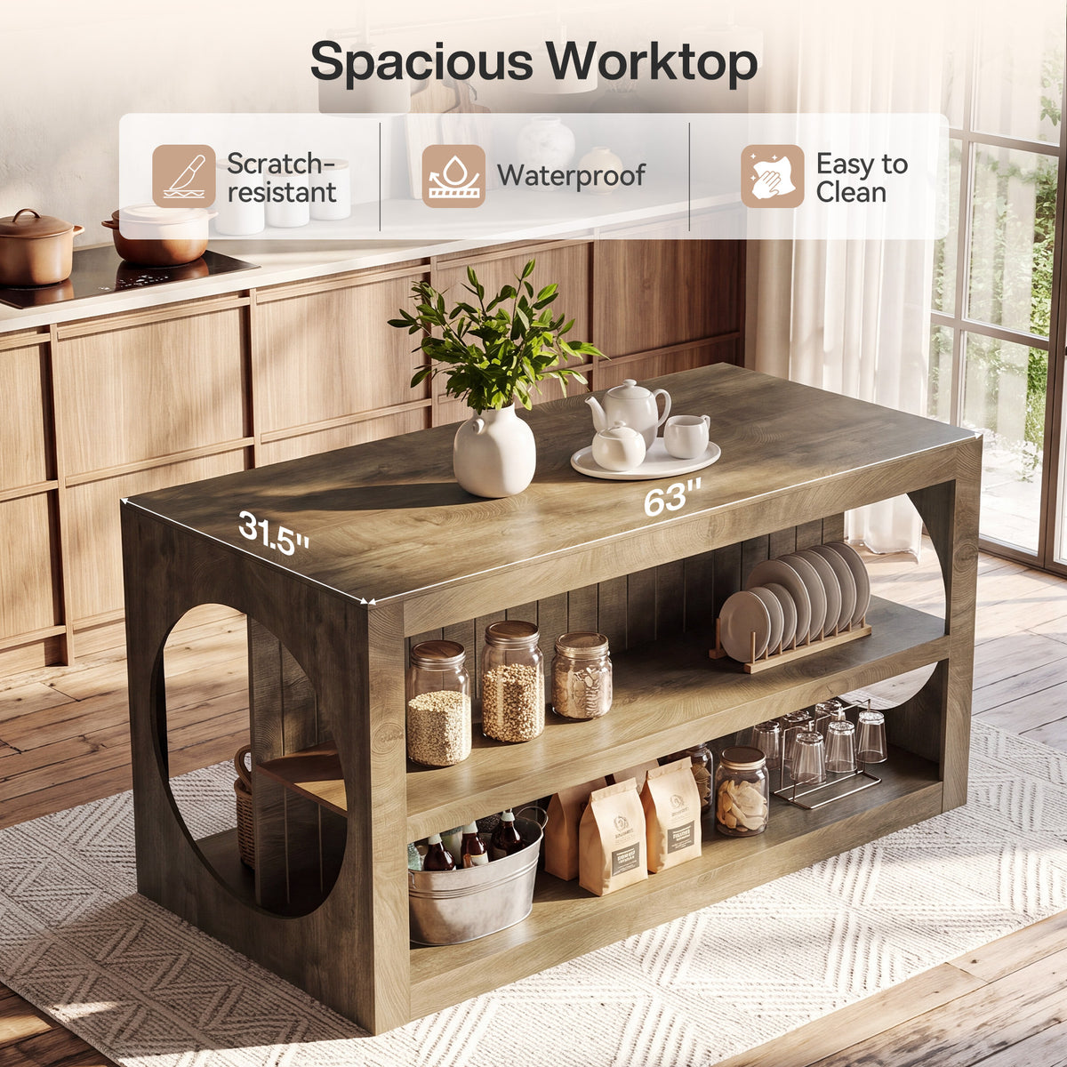 63" Farmhouse Kitchen Island with Seating, 3-Tier Storage, Large Countertop, Dining Room Table