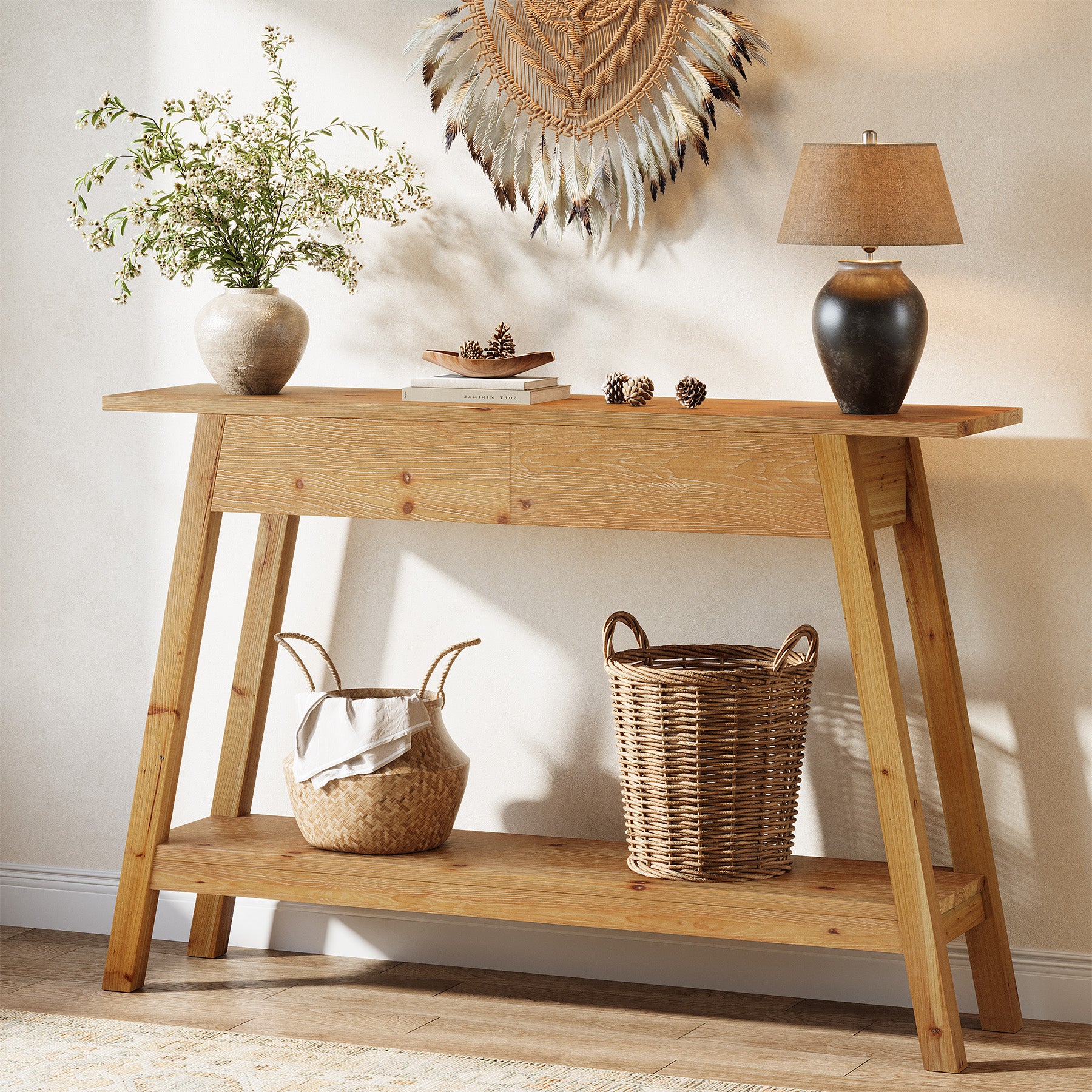 43.3" Solid Wood Console Table with 2 Drawers, Narrow Entryway Sofa Table with Shelf Storage