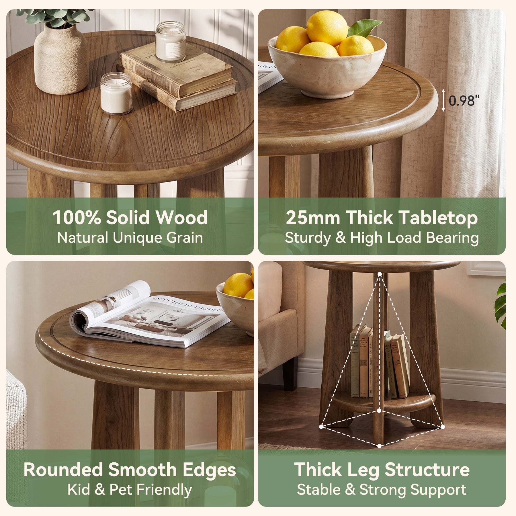 Round Solid Wood End Table, 2-Tier Side Table Nightstand with Shelf for Small Space