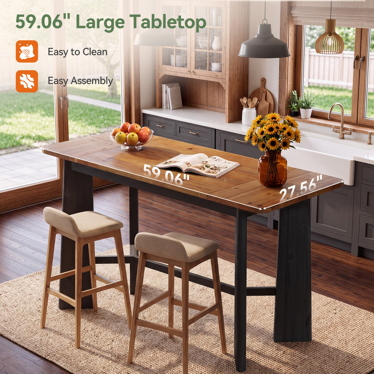 59" Solid Wood Home Bar Table, Seats 4-6, Counter Height, Kitchen Balcony Pub Table