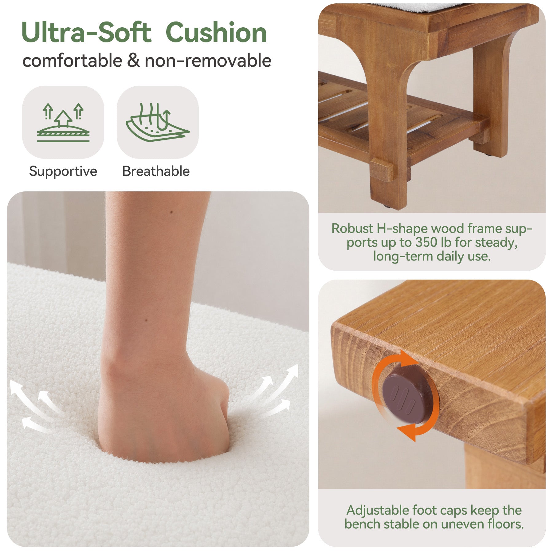 59" End of Bed Bench with Boucle Cushion & Storage Shelf, Rustic Solid Wood, Bedroom Hallway