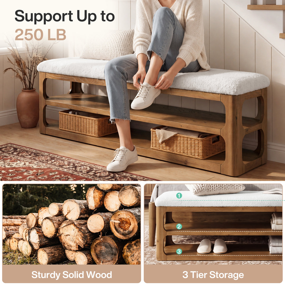 63" Solid Wood Bench with Cushion, Upholstered Entryway Shoe Bench with 3-Tier Storage