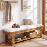 59" Entryway Bench with Boucle Cushion, Slatted Storage Shelf, Rustic Solid Wood, Hallway 3