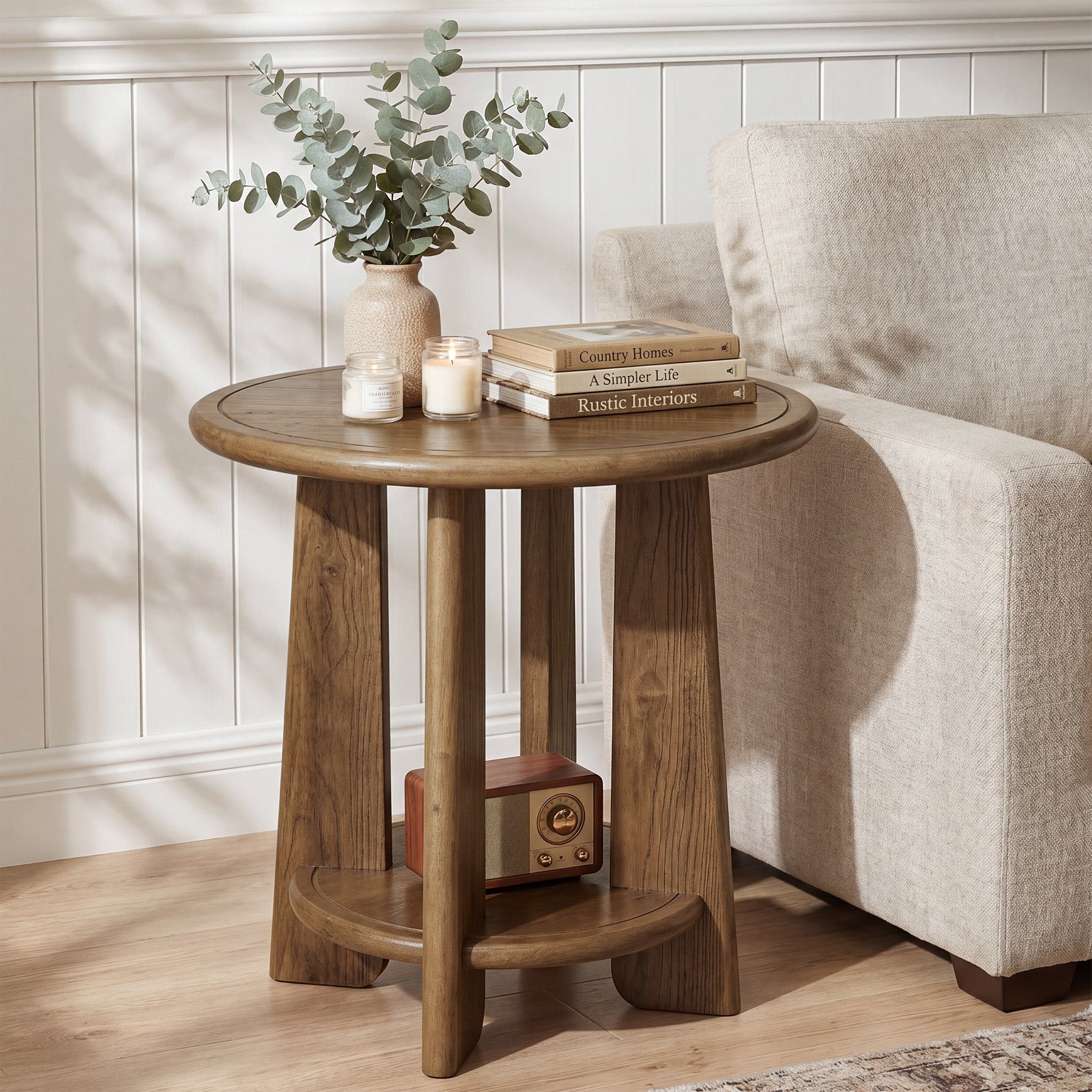 Round Solid Wood End Table, 2-Tier Side Table Nightstand with Shelf for Small Space