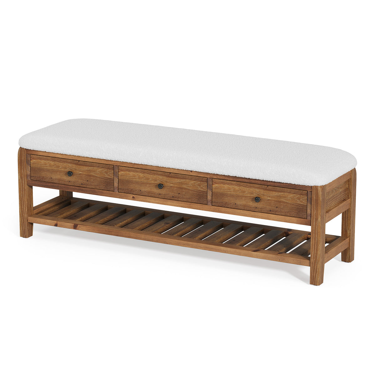 55" Solid Wood Entryway Bench with Cushion, 3 Drawers & Slatted Lower Shelf for Bedroom, Hallway