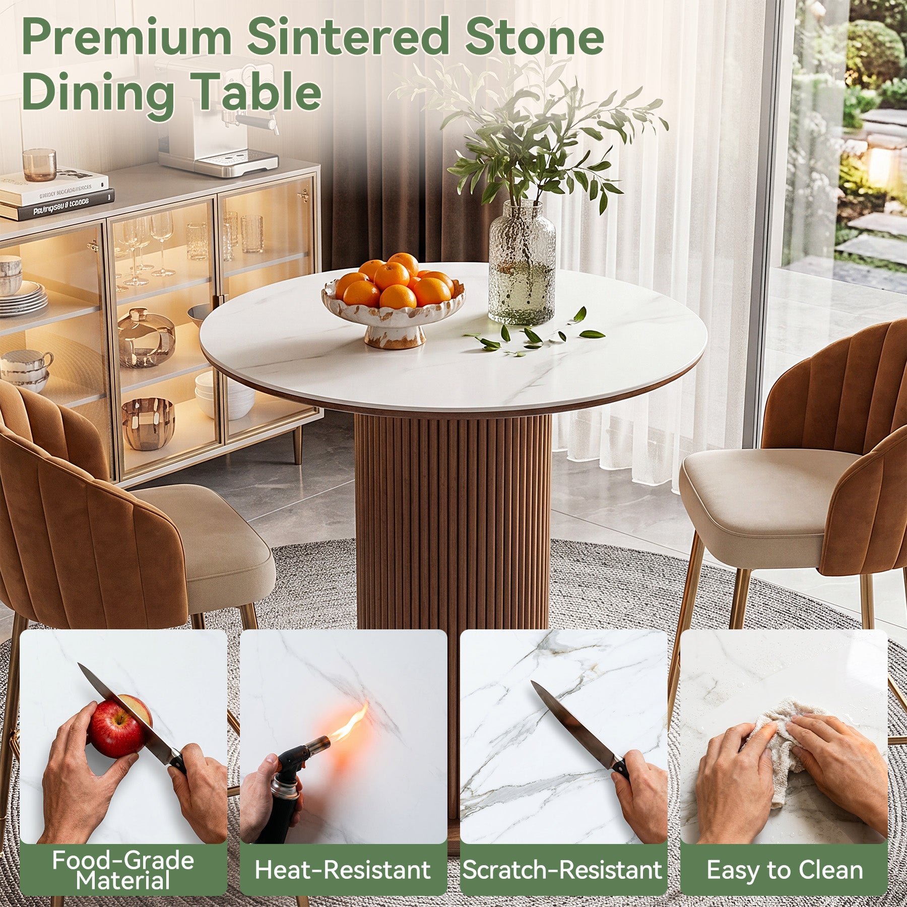 31.5" Round Dining Table, Marble Kitchen Table with Sintered Stone Tabletop & Solid Wood Pedestal