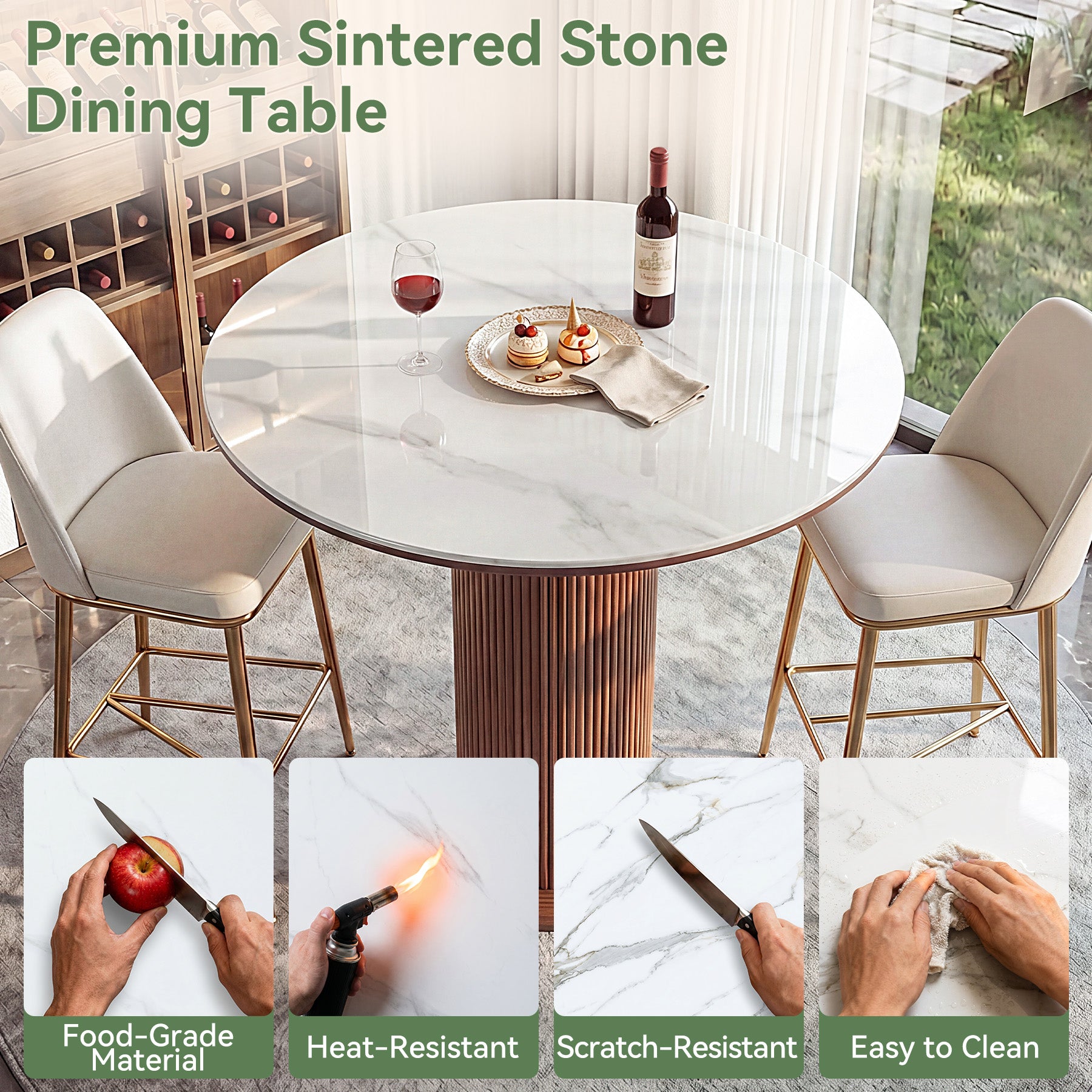 31.5" Round Bar Table, Marble Pub Table with Fluted Solid Wood Pedestal Base for 2