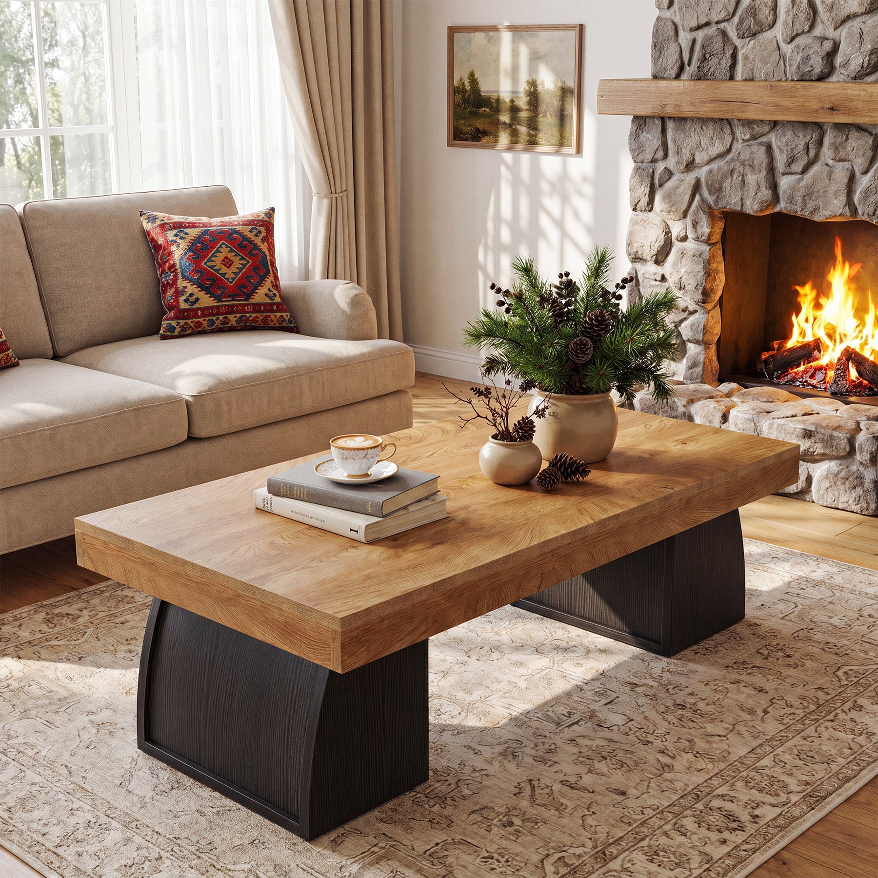 55.1" Coffee Table, Rectangular Center Cocktail Table with Curved Base for Living Room