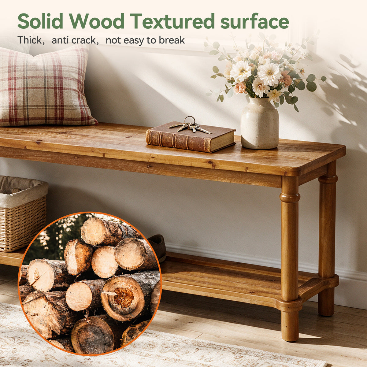 63" Solid Wood Entryway Bench, Farmhouse Shoe Storage Bench with 2-Tier Shelf for Hallway