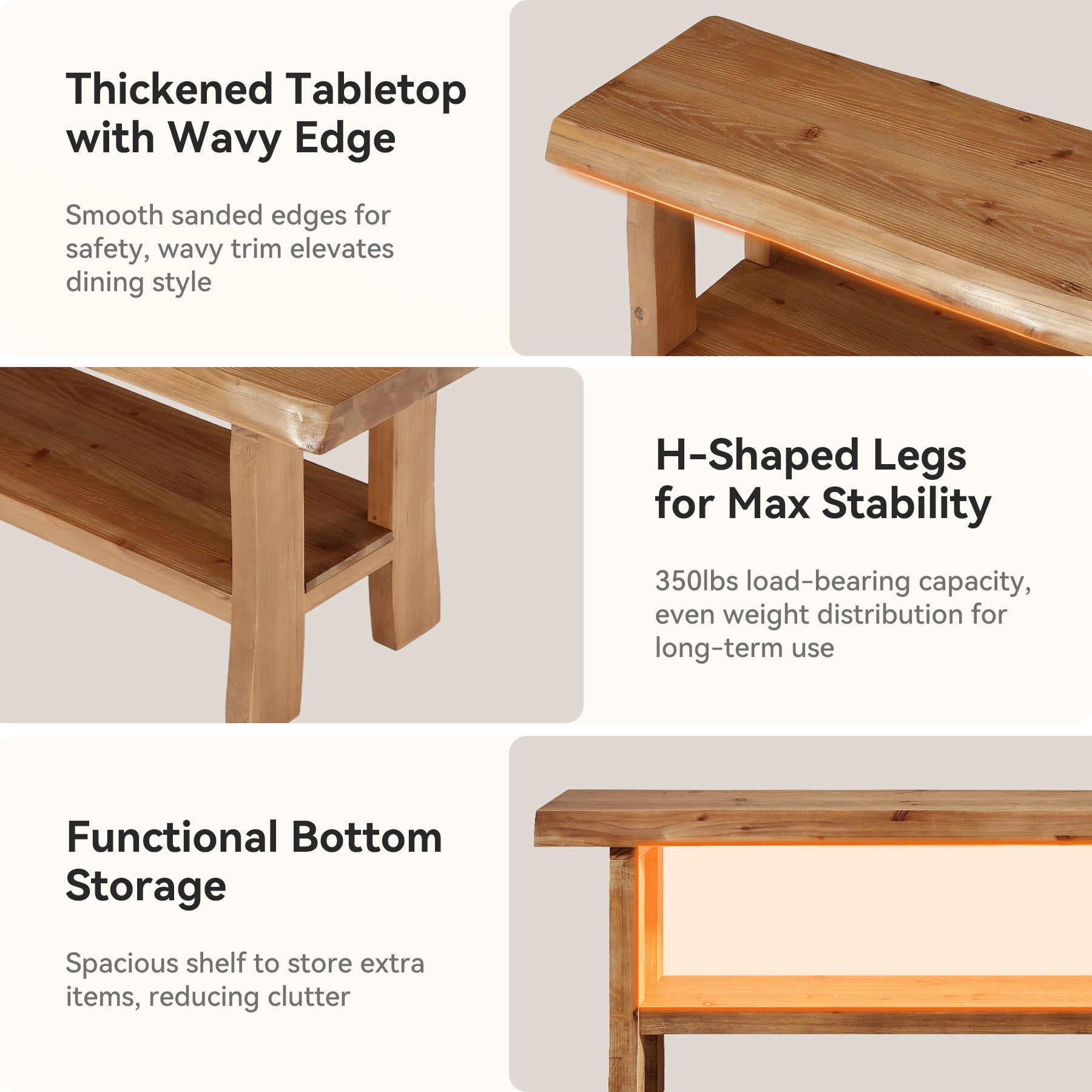 Solid Wood Dining Bench, 55" Farmhouse Kitchen Bench with Storage