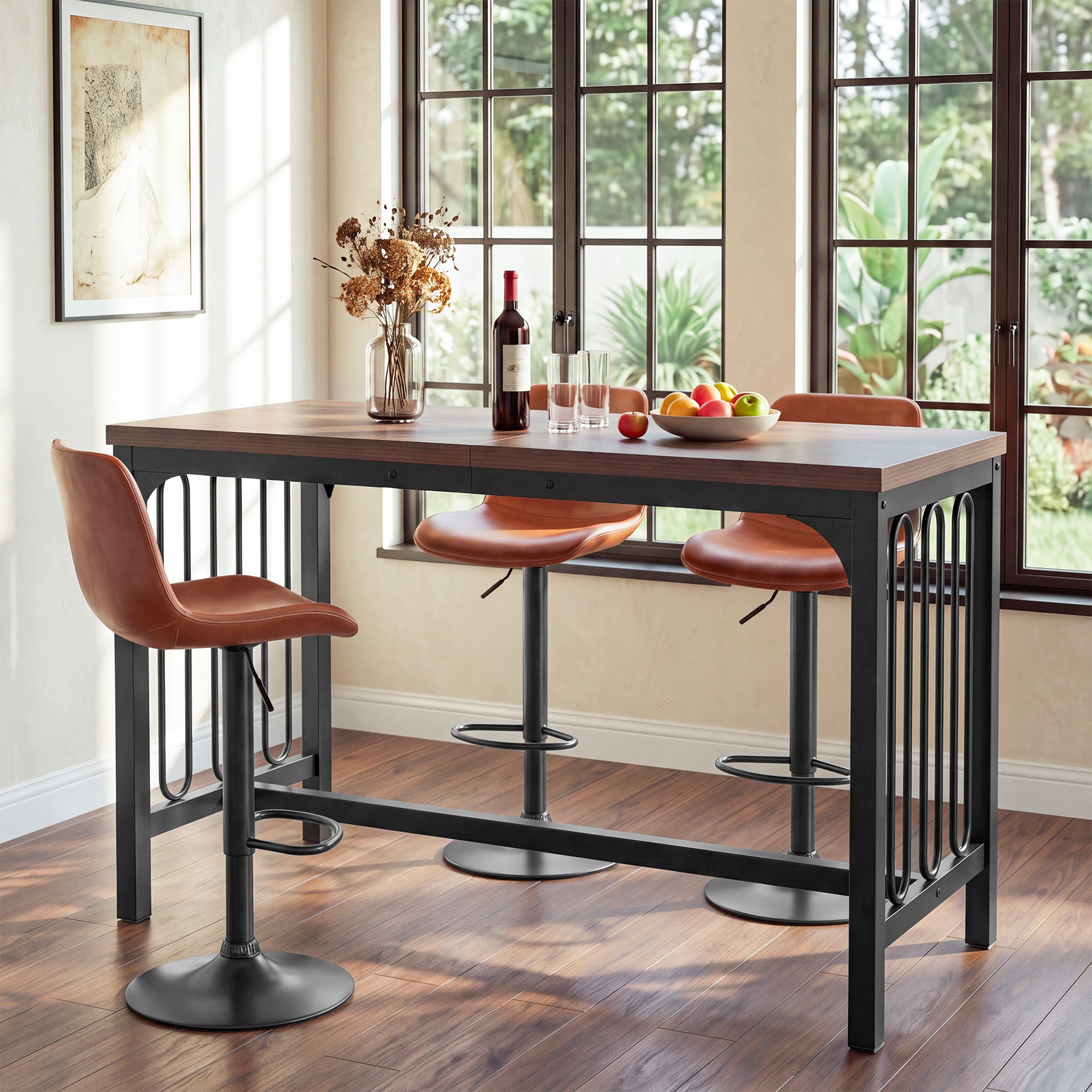 63" Bar Table, Industrial Counter-Height Pub Table with Metal Frame for Home Bar