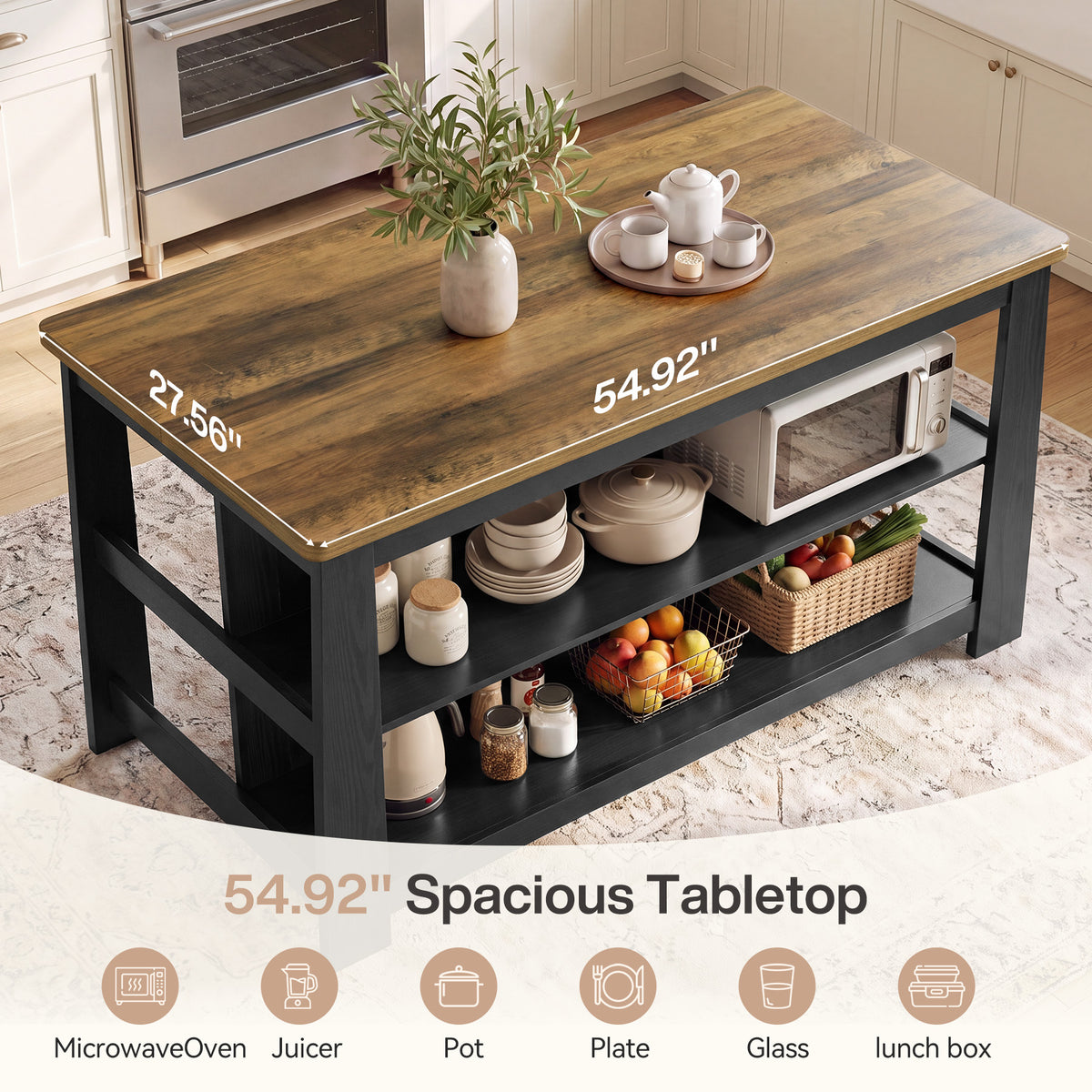 55" Farmhouse Wooden Kitchen Island with Seating Space & 2-Tier Open Storage
