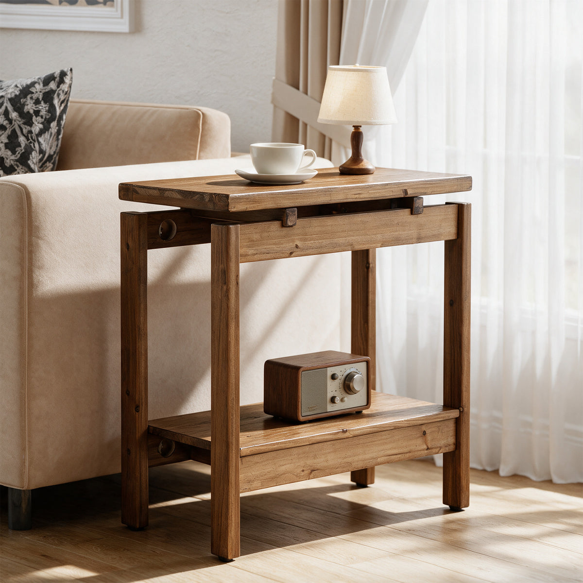 24" Narrow Solid Wood 2-Tier End Table, Small Nightstand Bedside Table, Bedroom