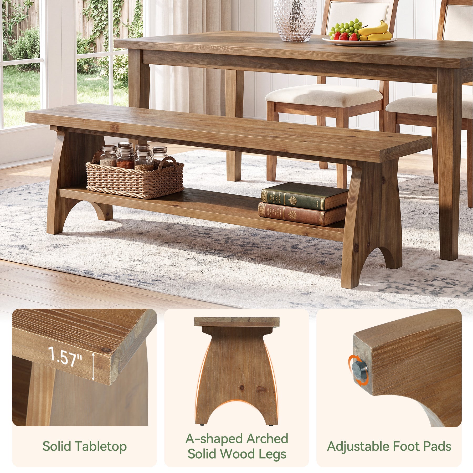 55" Farmhouse Dining Bench, Open Storage Shelf, Solid Wood Kitchen Table Bench