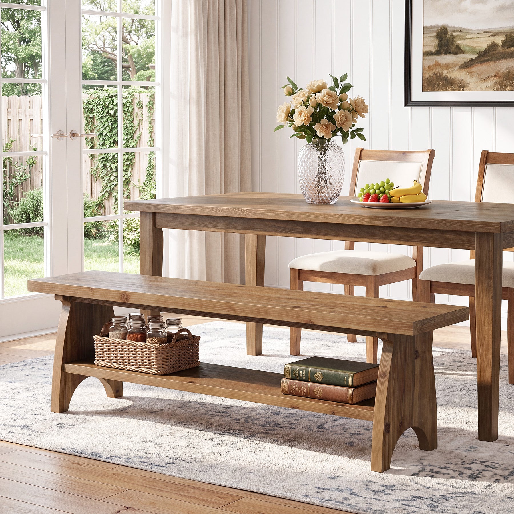 55" Farmhouse Dining Bench, Open Storage Shelf, Solid Wood Kitchen Table Bench