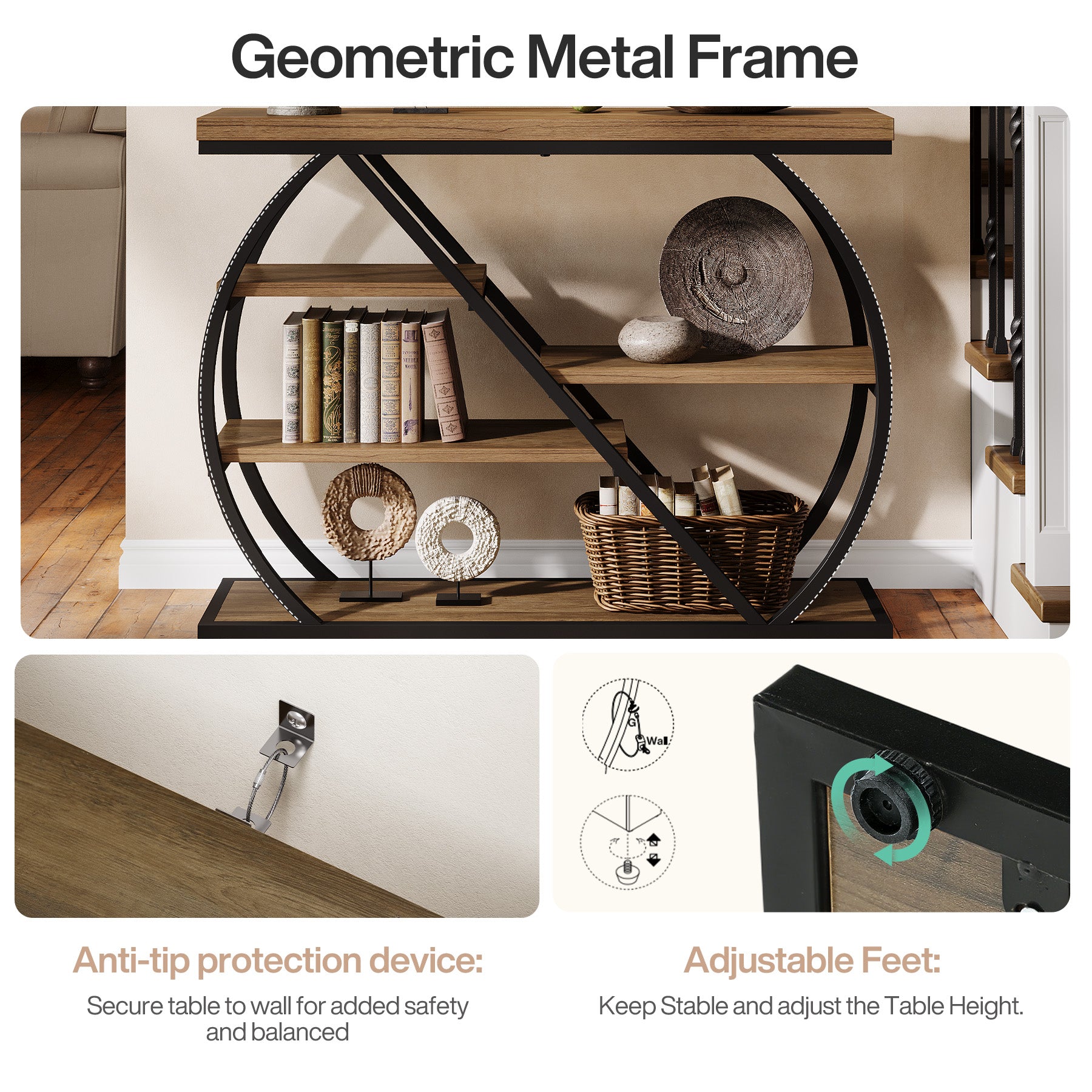 41.3" Industrial Console Table with 5 Staggered Shelves, Arched Metal Frame Entryway & Sofa Table