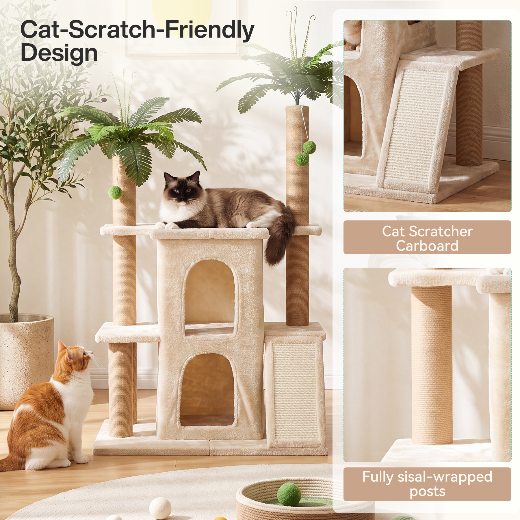 61" Tropical Palm Cat Tree Tower, Large Perch Platform for Indoor Cats
