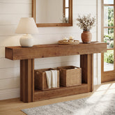 63" Solid Wood Console Table, 2-Tier Farmhouse Sofa Entryway Table with Shelf 3