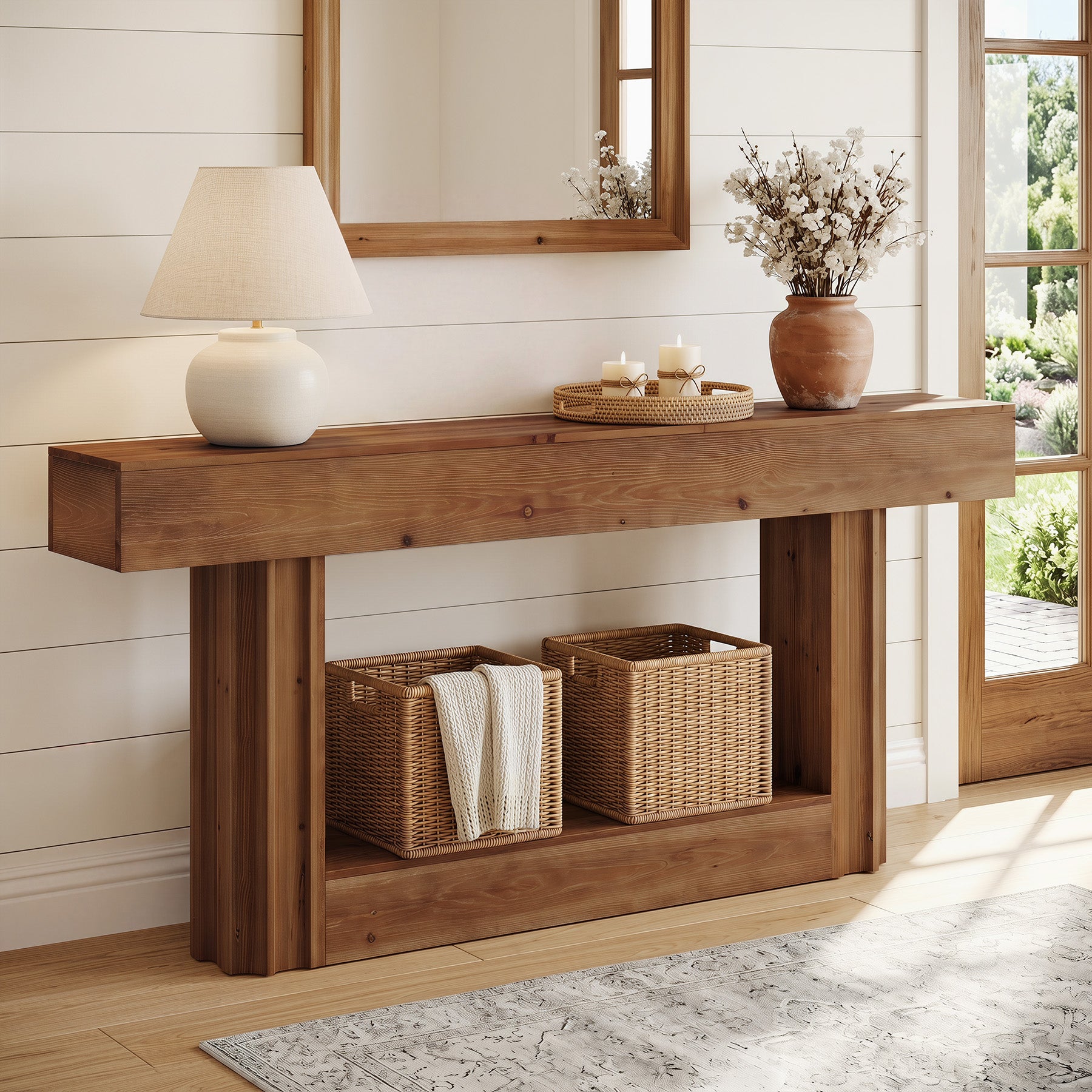 63" Solid Wood Console Table, 2-Tier Farmhouse Sofa Entryway Table with Shelf