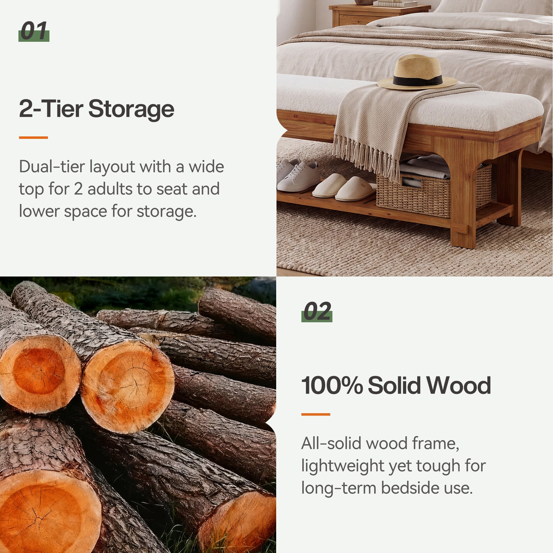 59" End of Bed Bench with Boucle Cushion & Storage Shelf, Rustic Solid Wood, Bedroom Hallway
