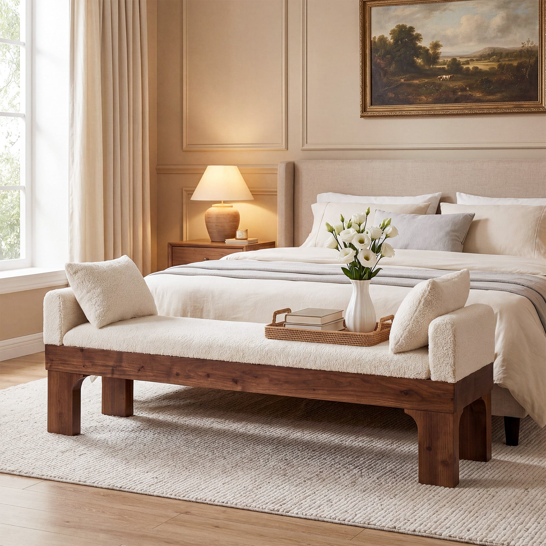 63" Upholstered End of Bed Bench, Boucle Bedroom Bench King Size with Solid Wood Frame