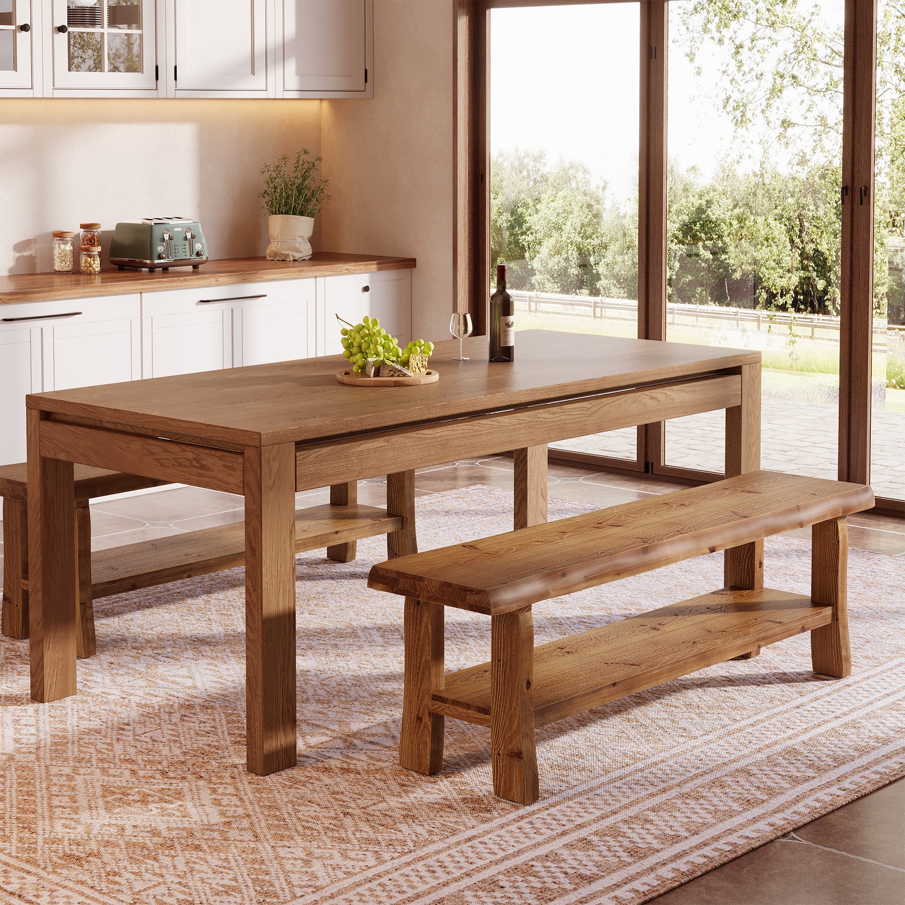 Solid Wood Dining Bench, 55" Farmhouse Kitchen Bench with Storage
