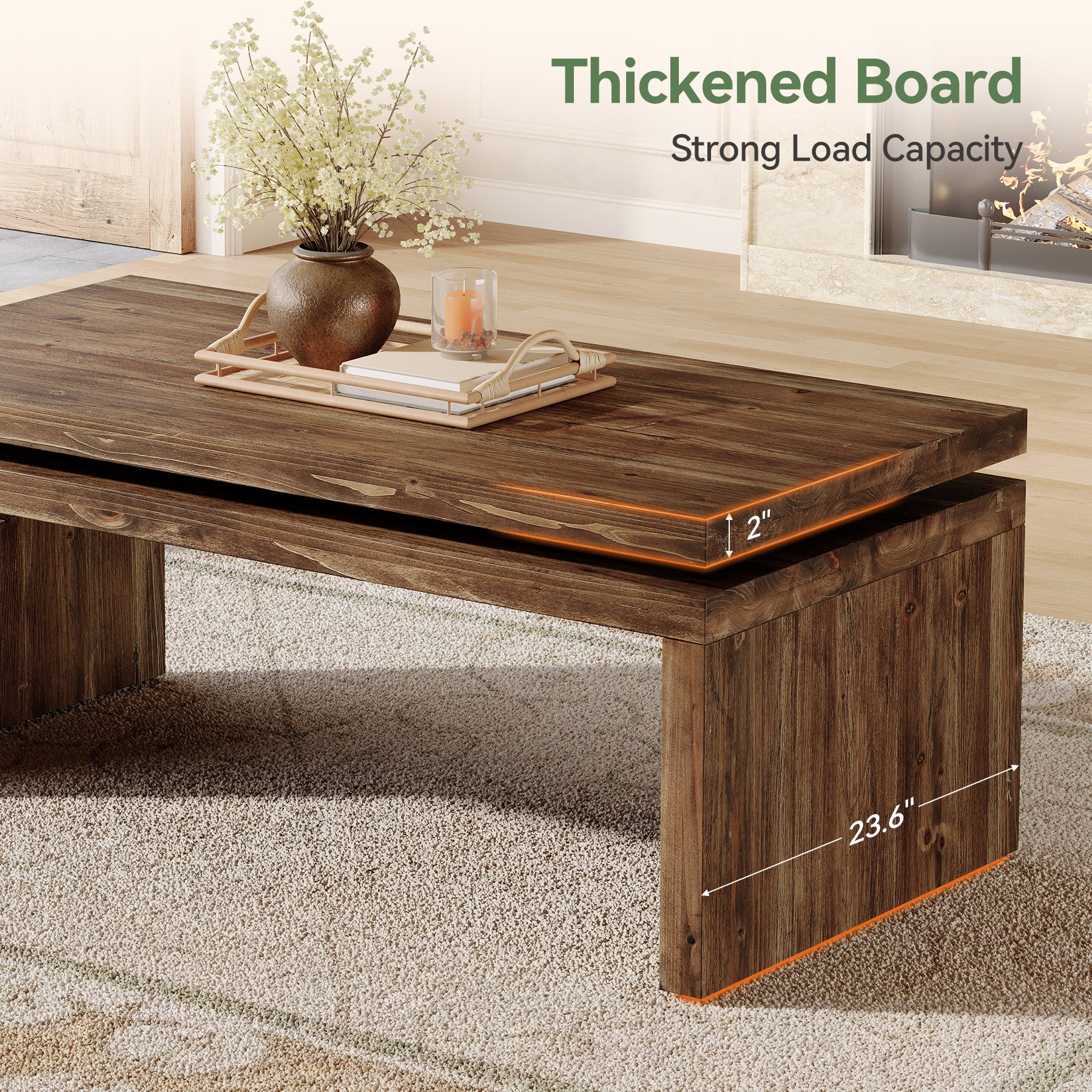 47" Solid Wood Coffee Table, Farmhouse Rectangle Cocktail Table with Thick Tabletop for Living Room