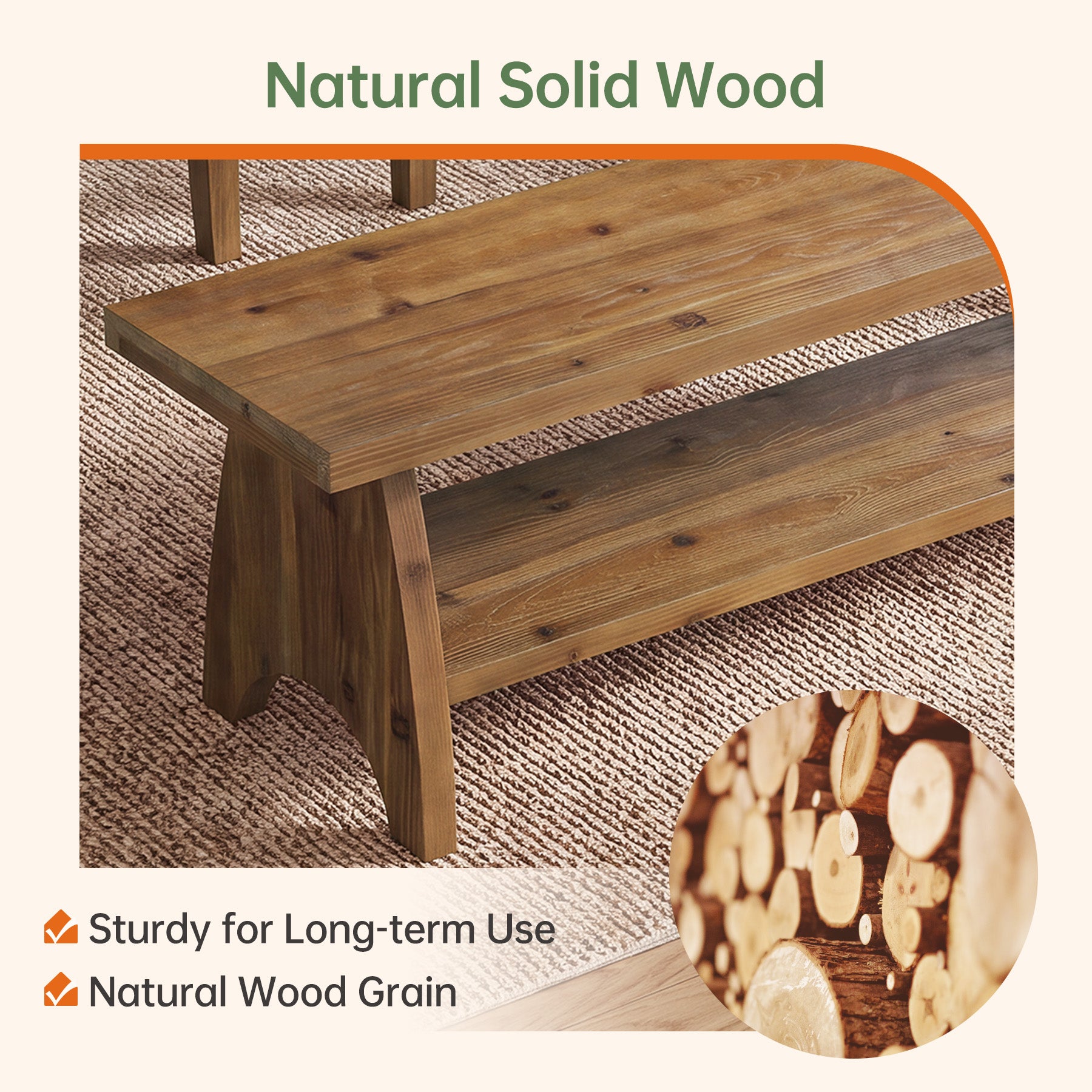 55" Farmhouse Dining Bench, Open Storage Shelf, Solid Wood Kitchen Table Bench