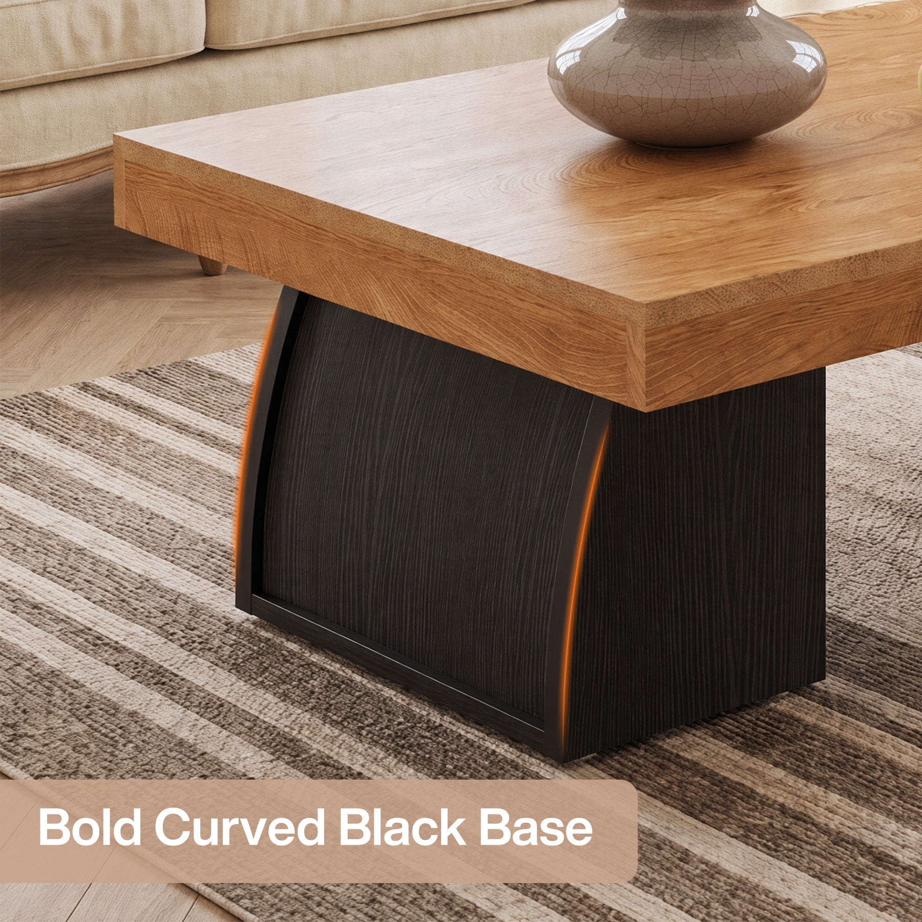 55.1" Coffee Table, Rectangular Center Cocktail Table with Curved Base for Living Room