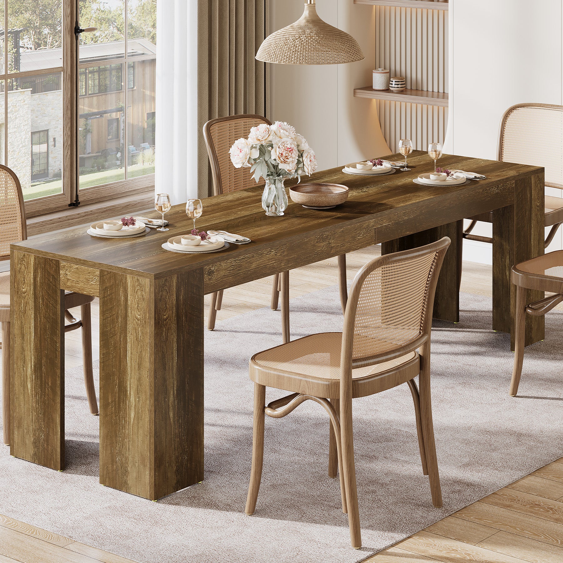 86.6" Long Dining Table, Rectangular Kitchen Table with Sturdy Legs for 6-8 People