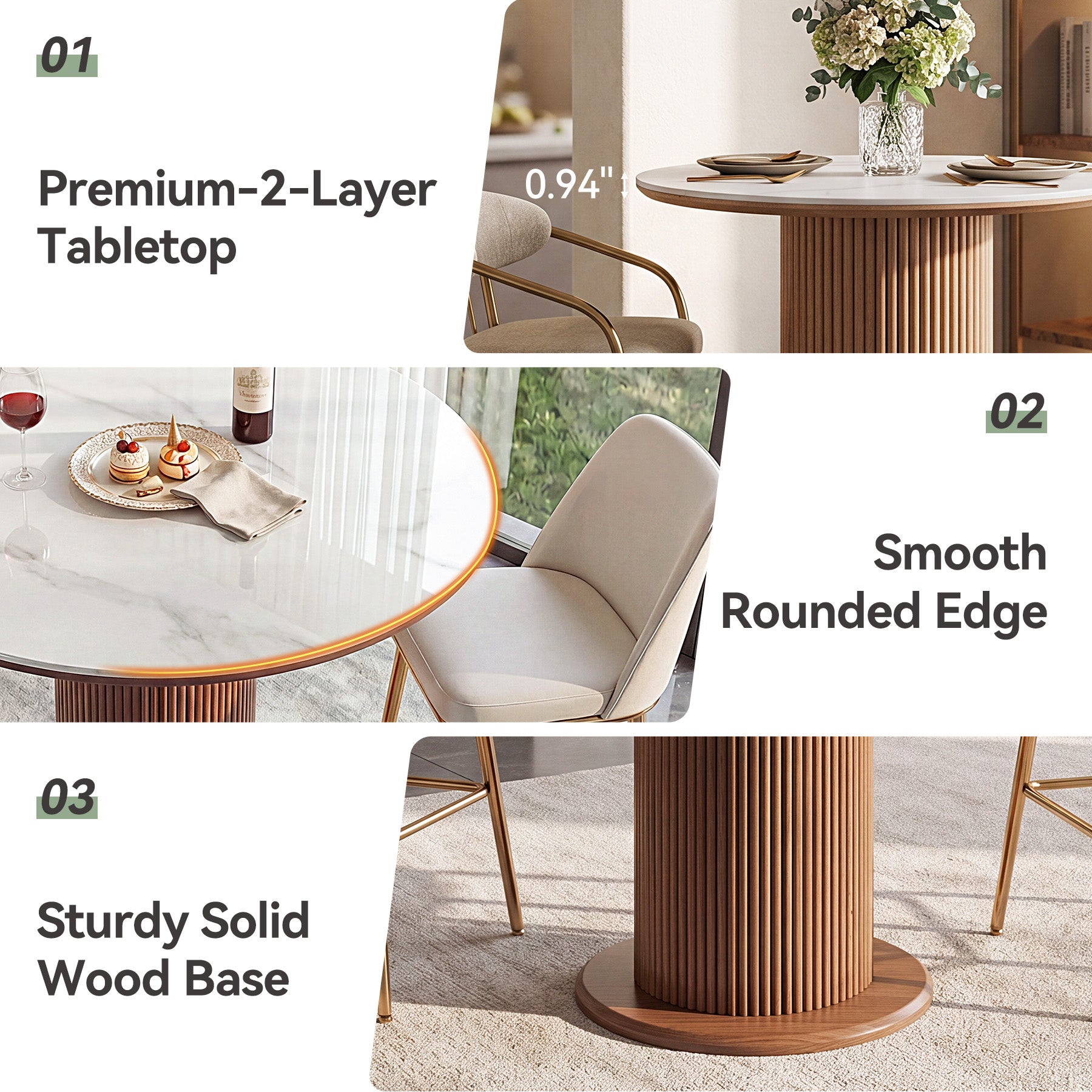 31.5" Round Dining Table, Marble Kitchen Table with Sintered Stone Tabletop & Solid Wood Pedestal