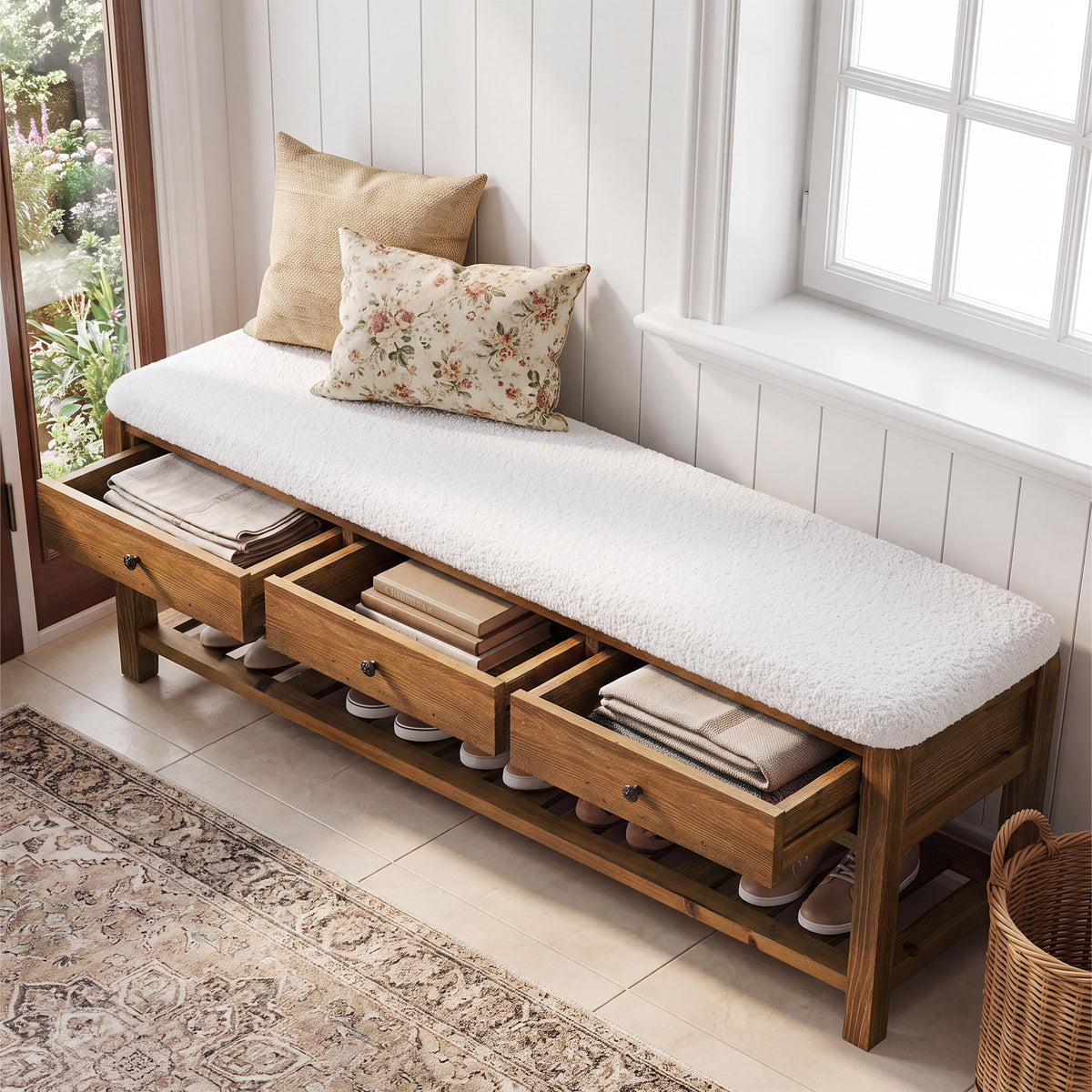 55" Solid Wood Entryway Bench with Cushion, 3 Drawers & Slatted Lower Shelf for Bedroom, Hallway