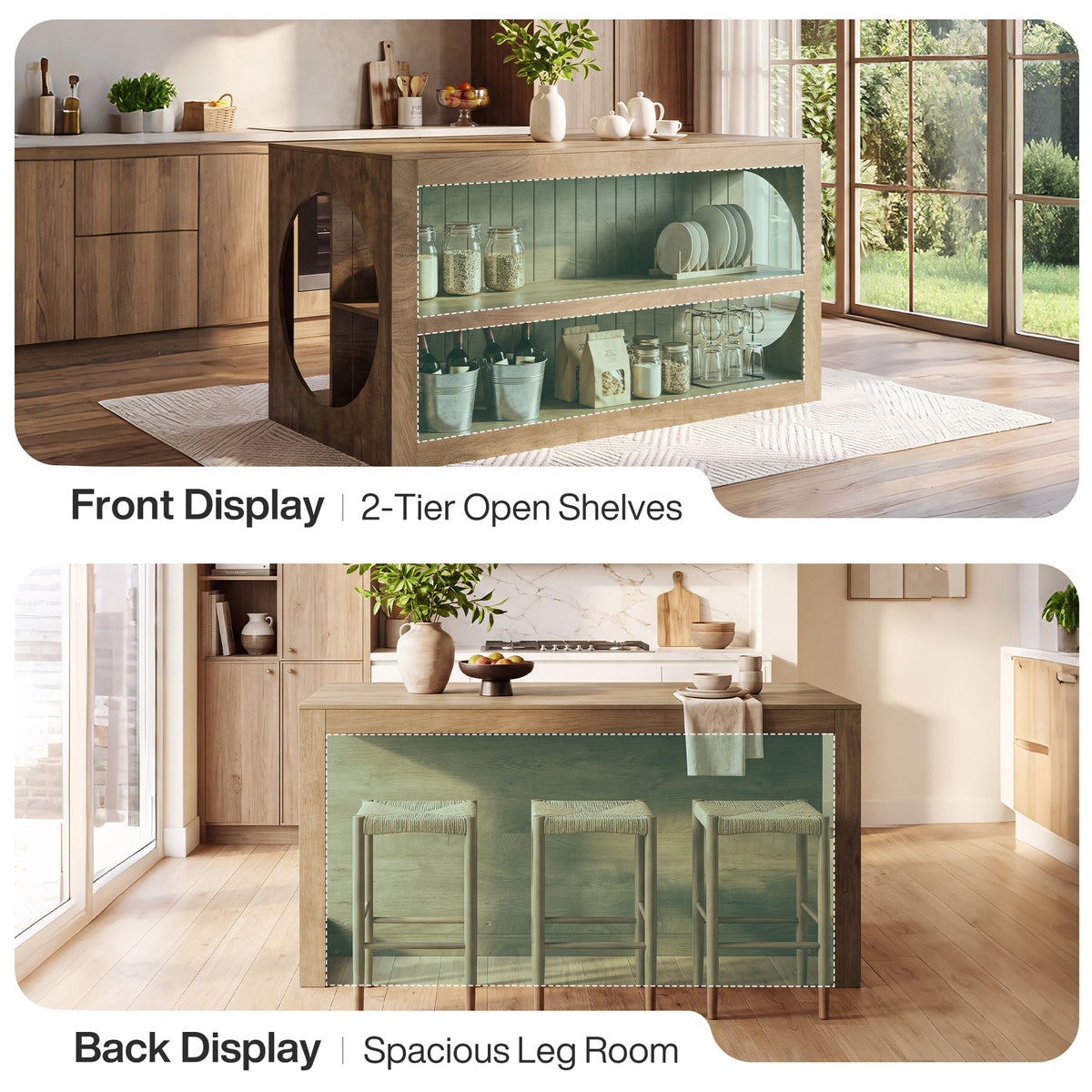 63" Farmhouse Kitchen Island with Seating, 3-Tier Storage, Large Countertop, Dining Room Table
