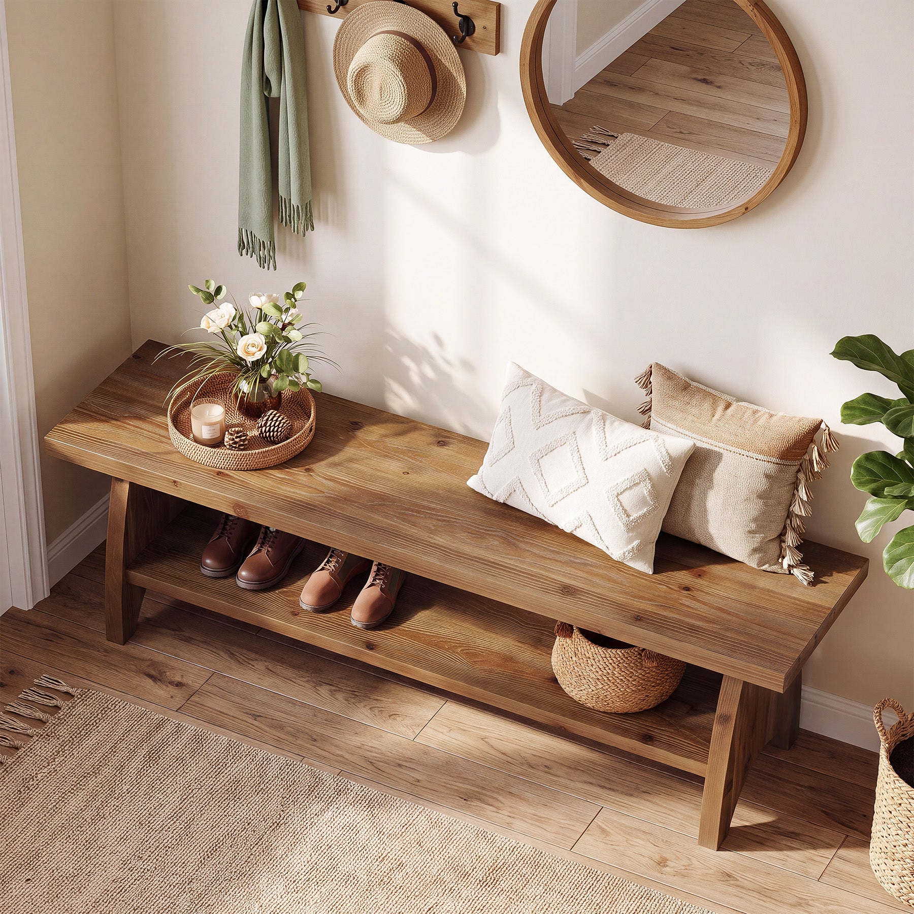 55" Farmhouse Entryway Bench with Shoe Storage & Open Shelf, Solid Wood, Hallway