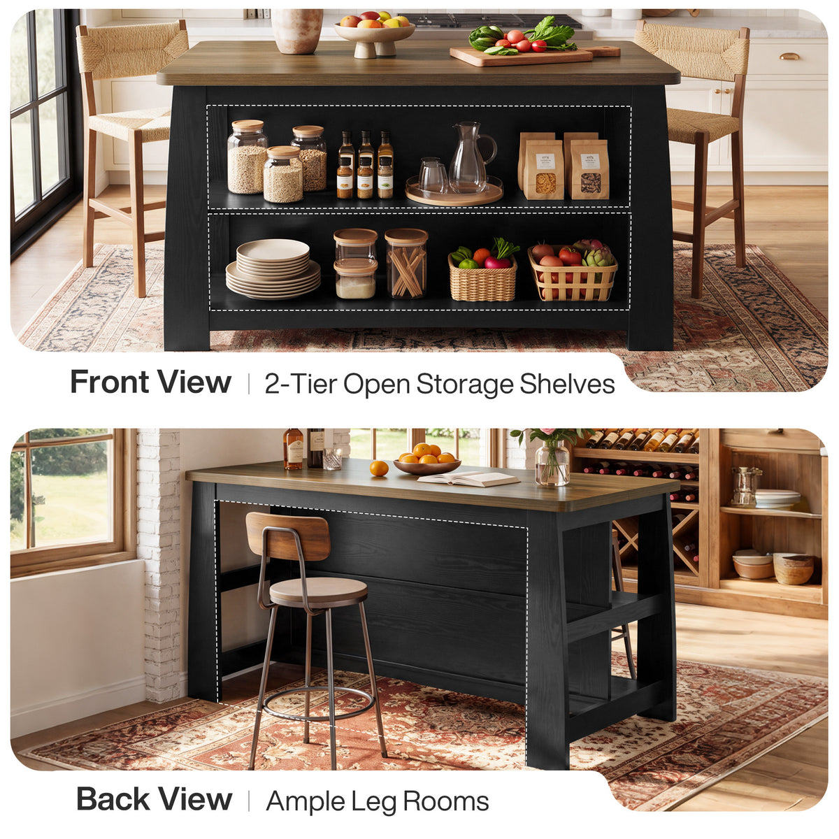 55" Farmhouse Wooden Kitchen Island with Seating Space & 2-Tier Open Storage