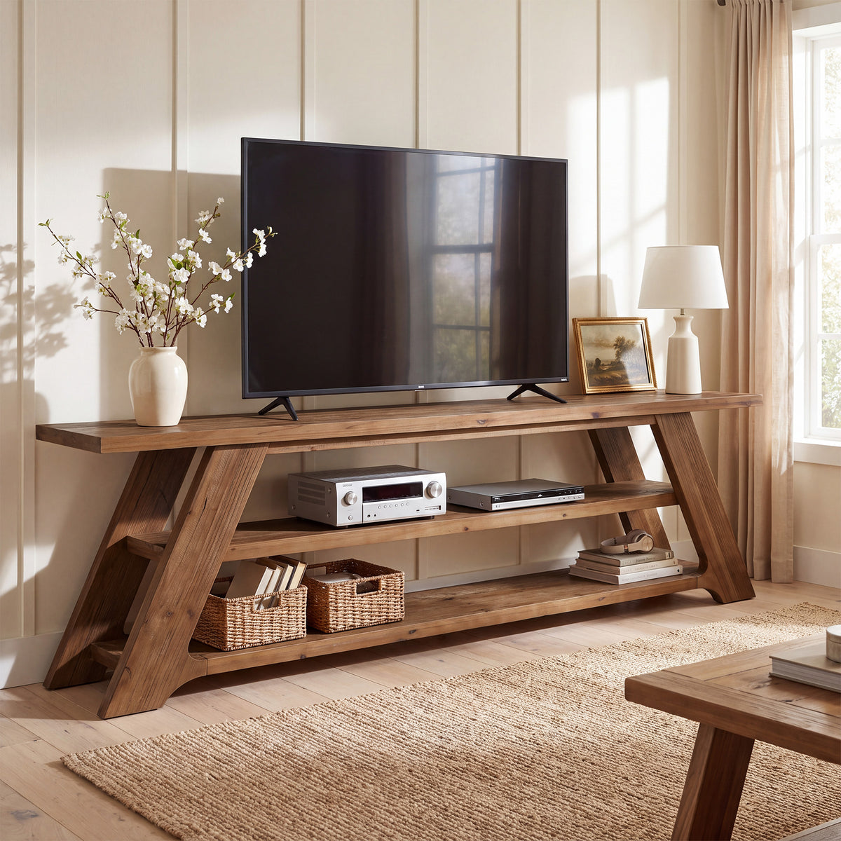 70.87" Solid Wood TV Stand Fits 75"TVs, 3-Tier Entertainment Center for Living Room