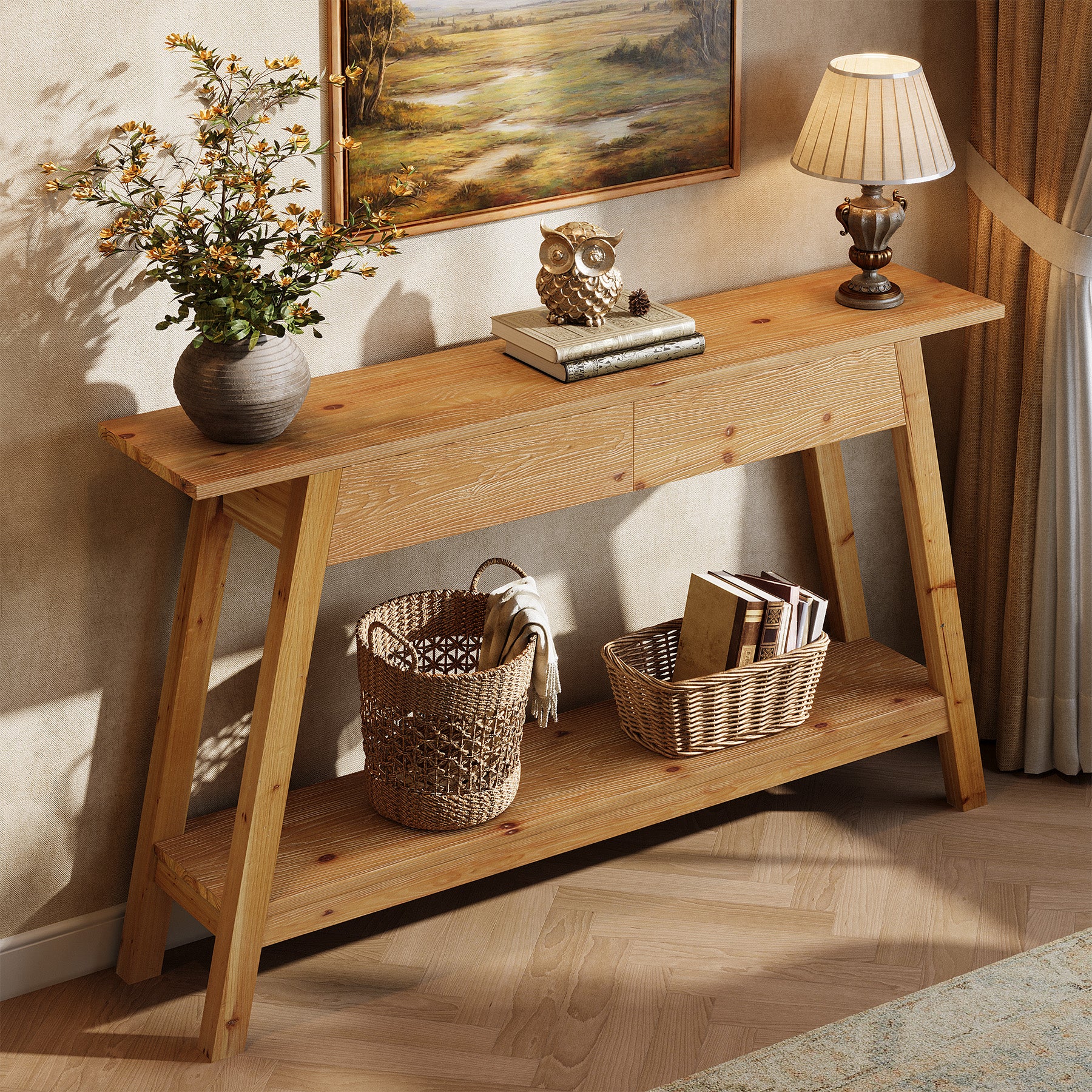 43.3" Solid Wood Console Table with 2 Drawers, Narrow Entryway Sofa Table with Shelf Storage