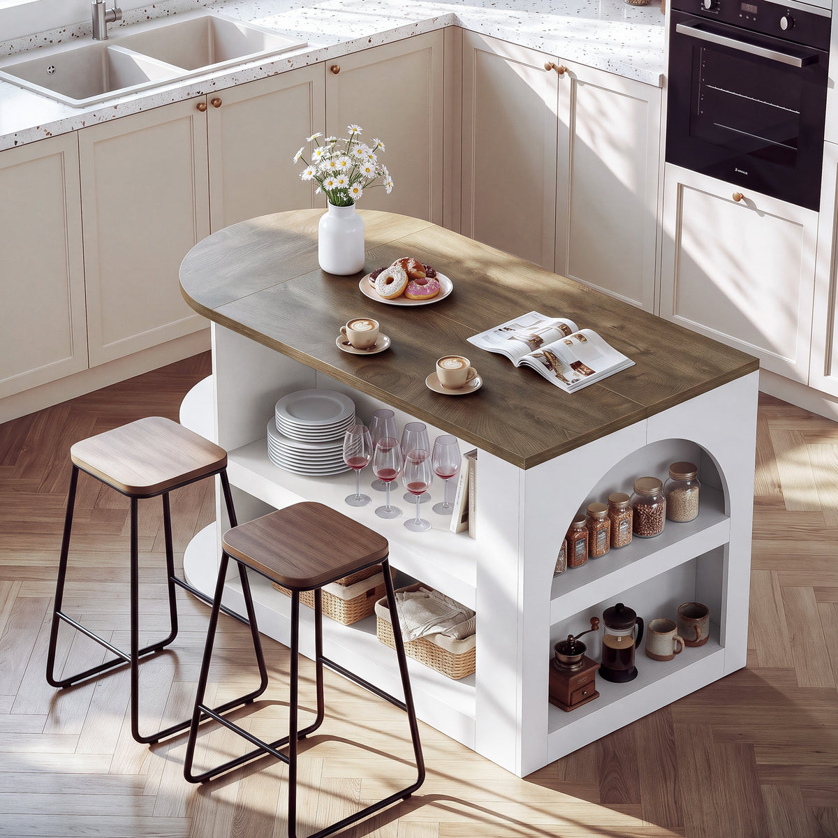 63" Oval Kitchen Island with Storage, Two-Tone Arch Design Bar Table, Prep Table